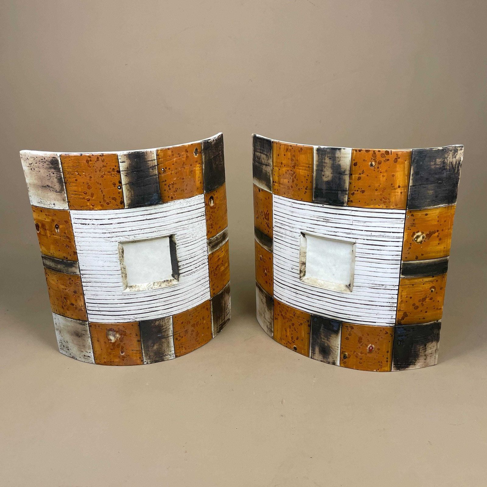 Handmade Ceramic Wall Light Pair African Brutalist Studio Pottery Sconce White Black Amber Mustard Geometric Wall Accent Decor