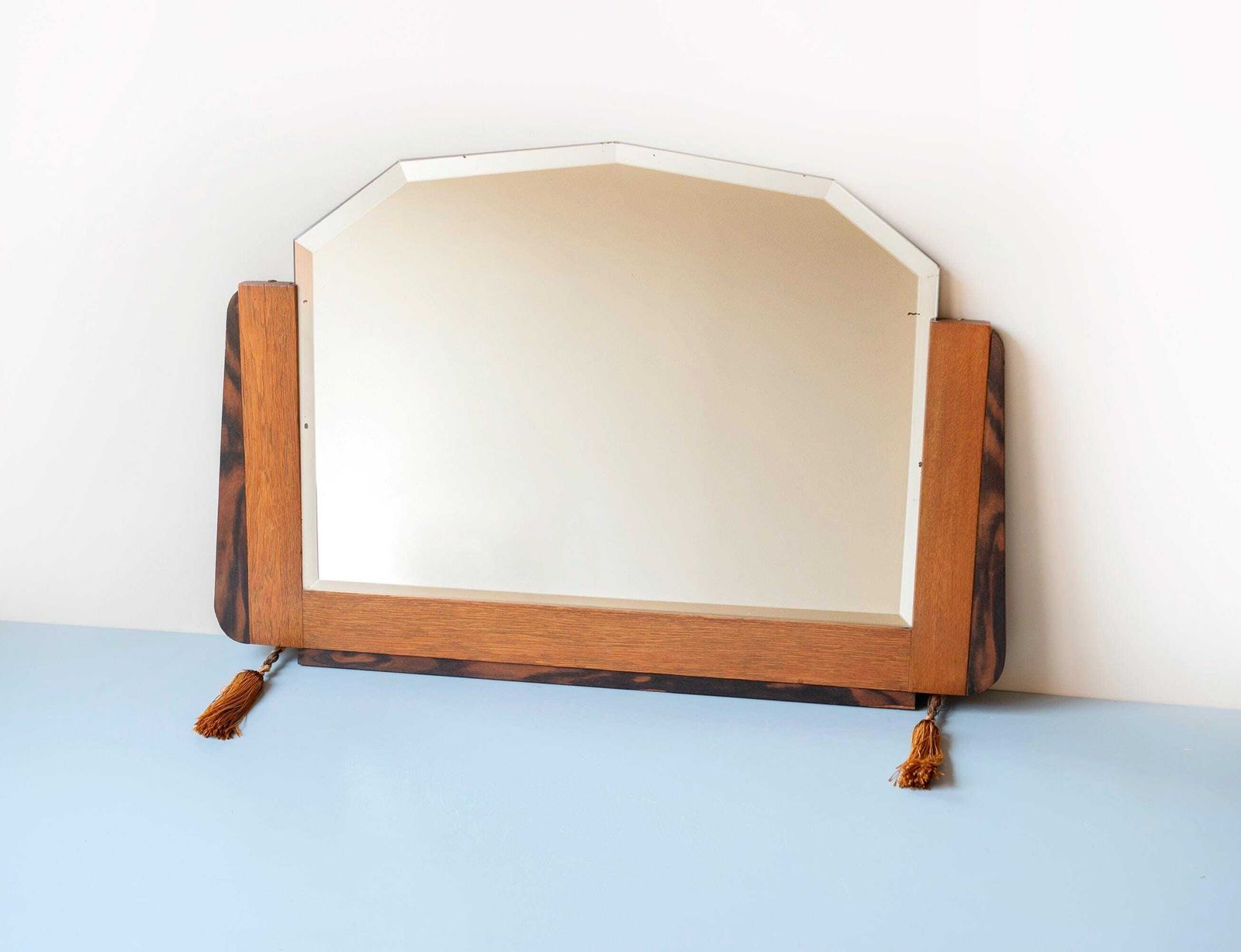 Antique Dutch Art Deco Oak Wall Mirror With Beveled Glass   1920s Amsterdam School Mantel Mirror With Tassels photo furniture