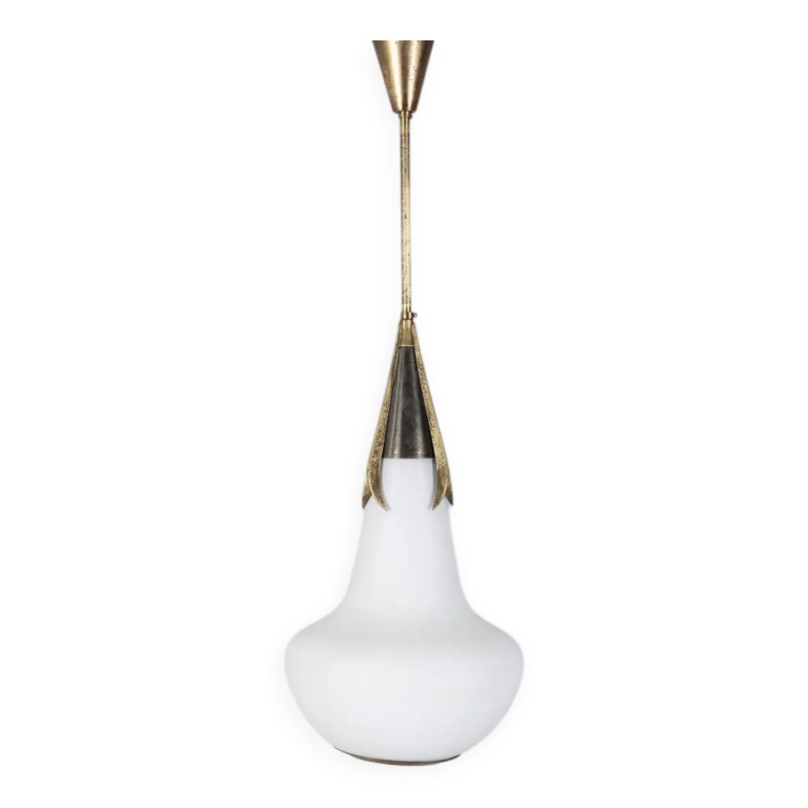 Vintage 1960s Brass And Opaline Glass Chandelier, Designed By Stilnovo