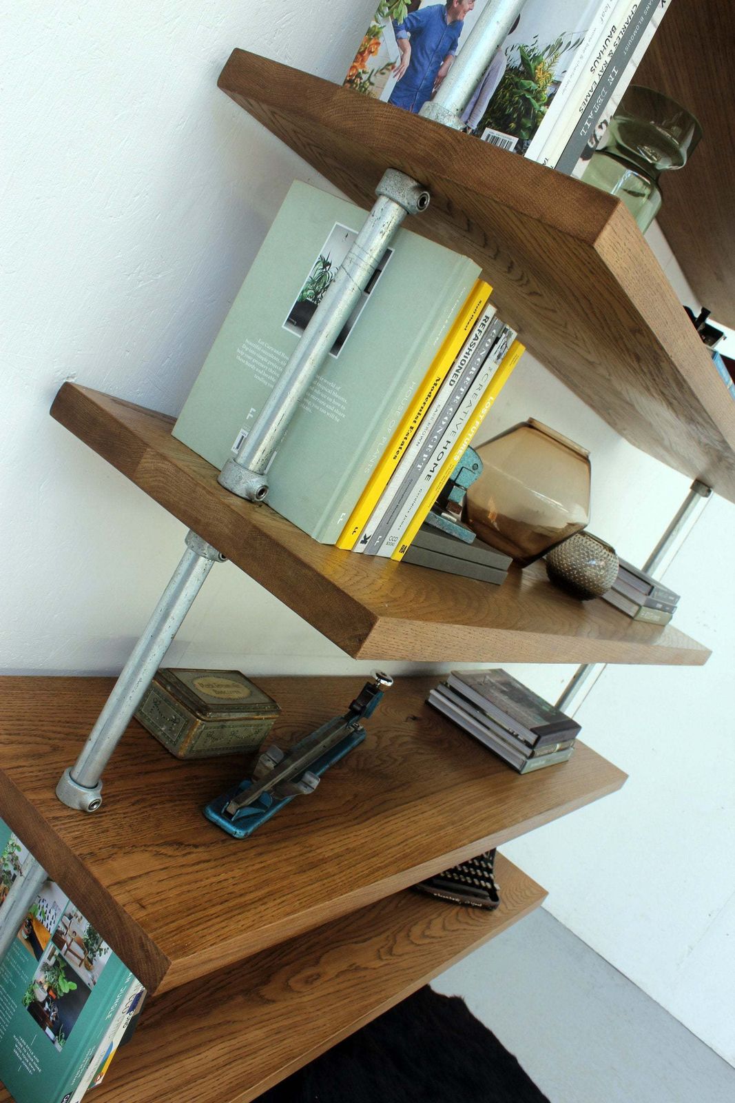 photo for sale Struan Bent Galvanised Steel Pipe And Premium Oak Bookcase   Bespoke Industrial Furniture