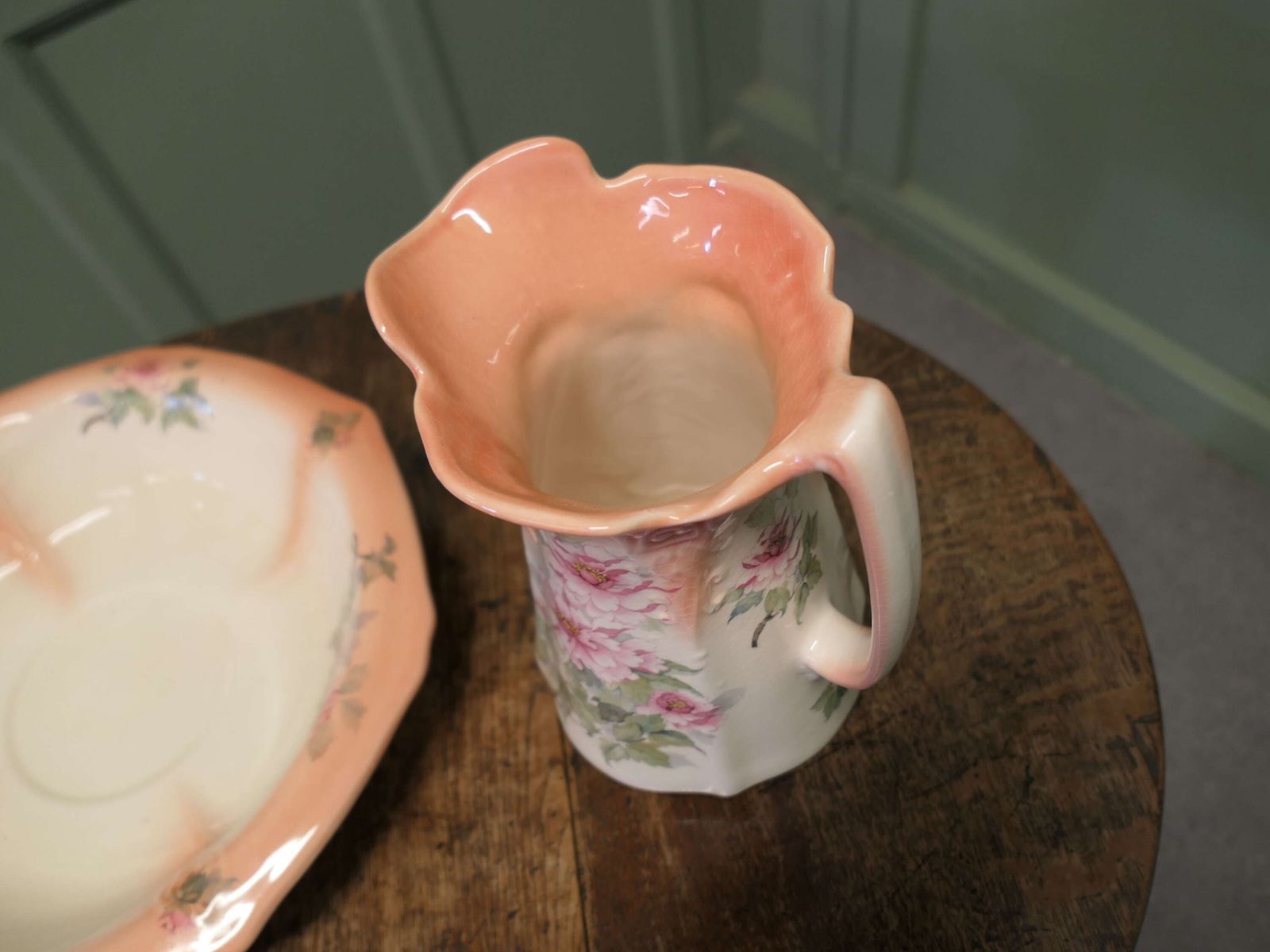 Ironstone Pitcher And Bowl Hand Painted, Pink Roses This Attractive And Colourful Pair photo for sale