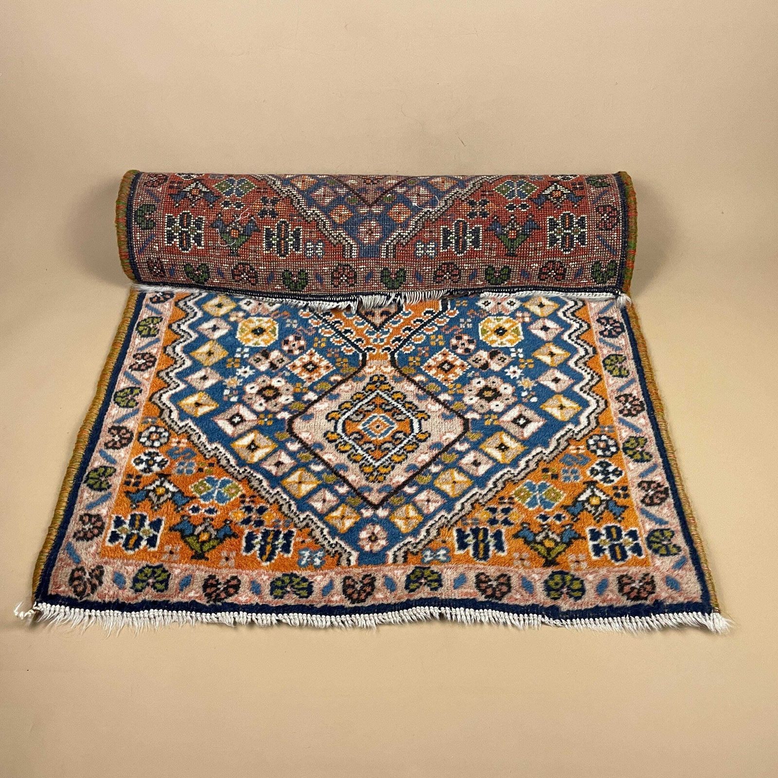 photo for sale Small Accent Rug Wool Middle Eastern Style Decorative Tasselled Orange Blue Detailed Pattern
