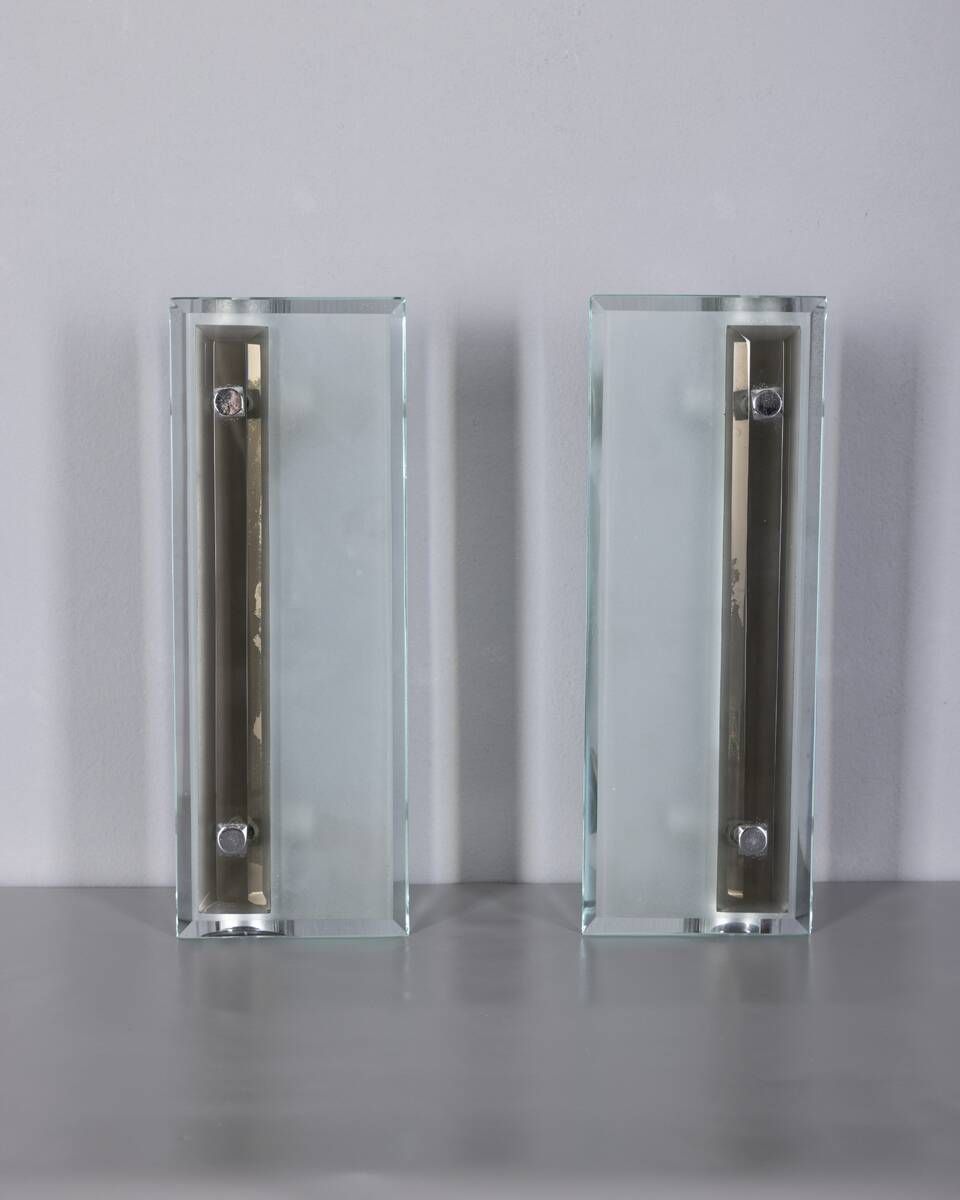 Lighting Pair Of Vintage 1960s Metal And Glass Wall Lamps, Italian Design photo