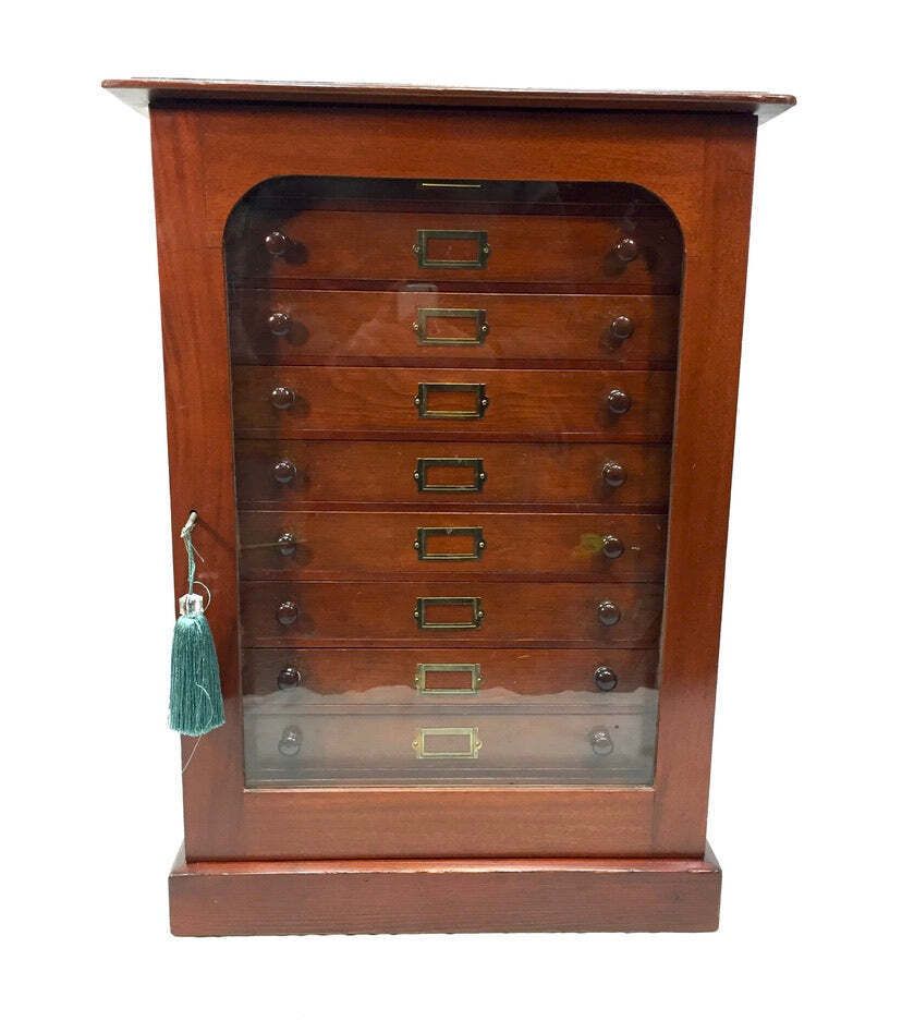 photo for sale Antique Victorian Mahogany & Glass Specimen Collectors Filing Drawer Cabinet