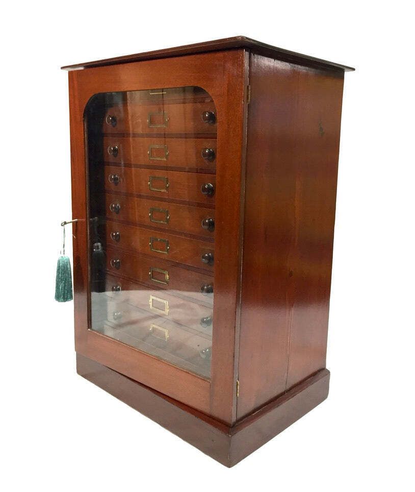 Furniture Antique Victorian Mahogany & Glass Specimen Collectors Filing Drawer Cabinet photo
