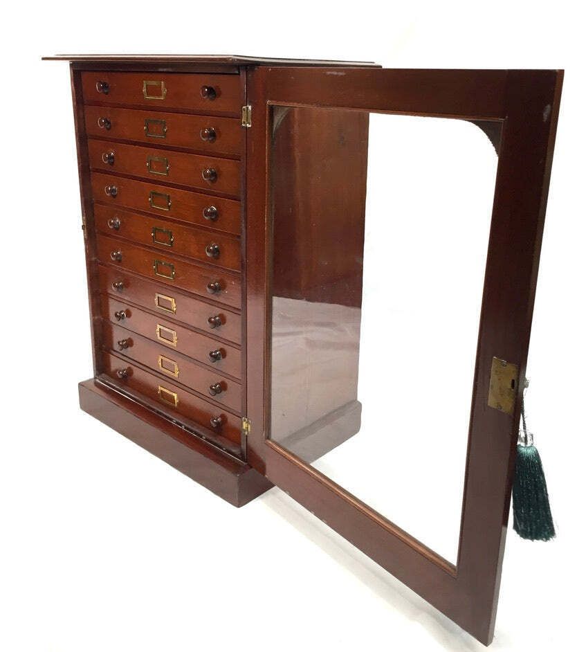799.0 Antique Victorian Mahogany & Glass Specimen Collectors Filing Drawer Cabinet photo