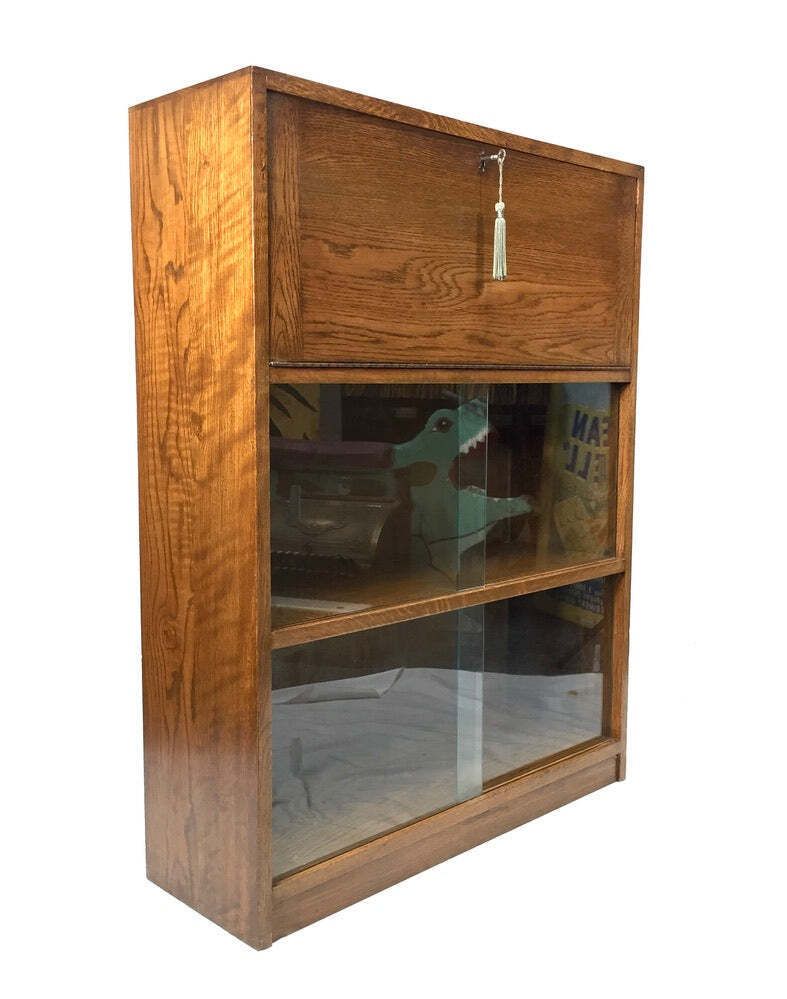 Antique Wooden Oak Bookcase Shelf And Bureau Combination / Mid Century / Key photo furniture