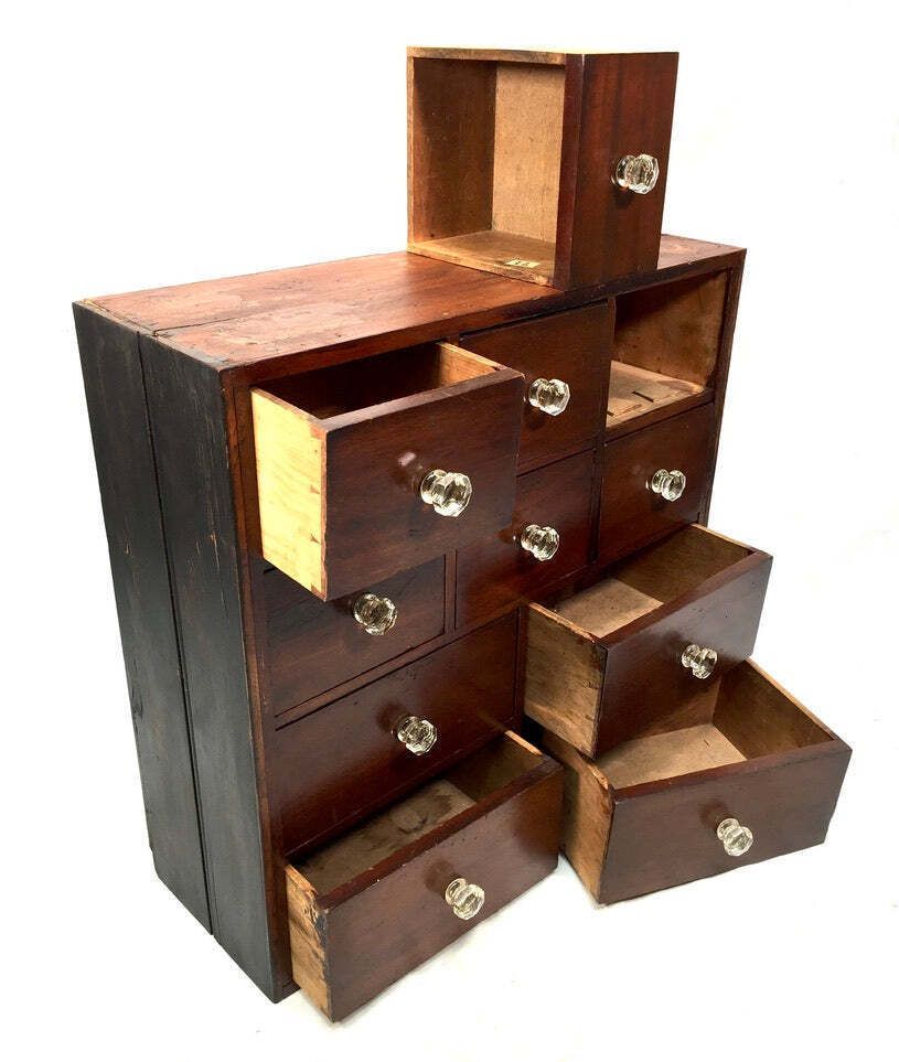 Antique Tabletop Victorian Apothecary Shop Chest Of Drawers Cabinet Glass Handle photo 499.0