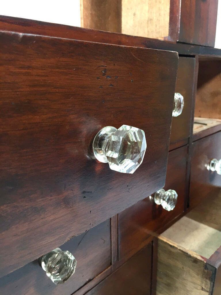 Antique Tabletop Victorian Apothecary Shop Chest Of Drawers Cabinet Glass Handle photo vinterior