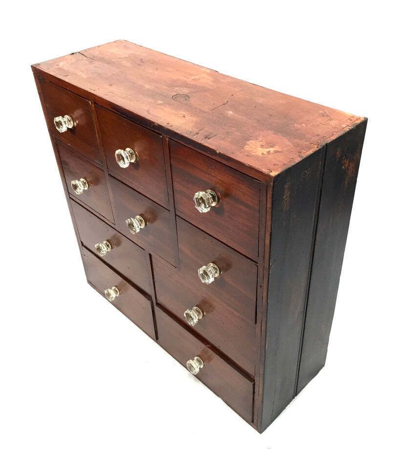 Antique Tabletop Victorian Apothecary Shop Chest Of Drawers Cabinet Glass Handle photo vintage