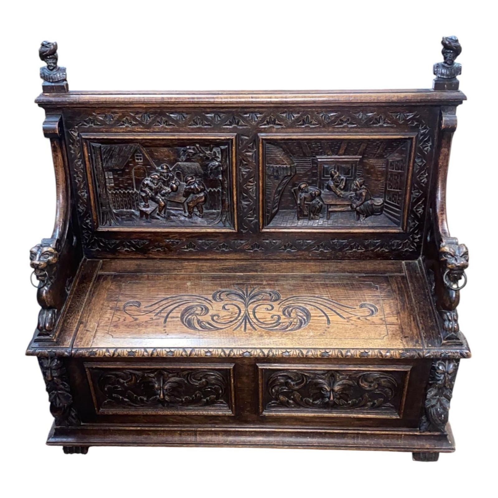 French Carved Oak Settle Renaissance Revival Hall Monks Bench With Lion Masks C.1860