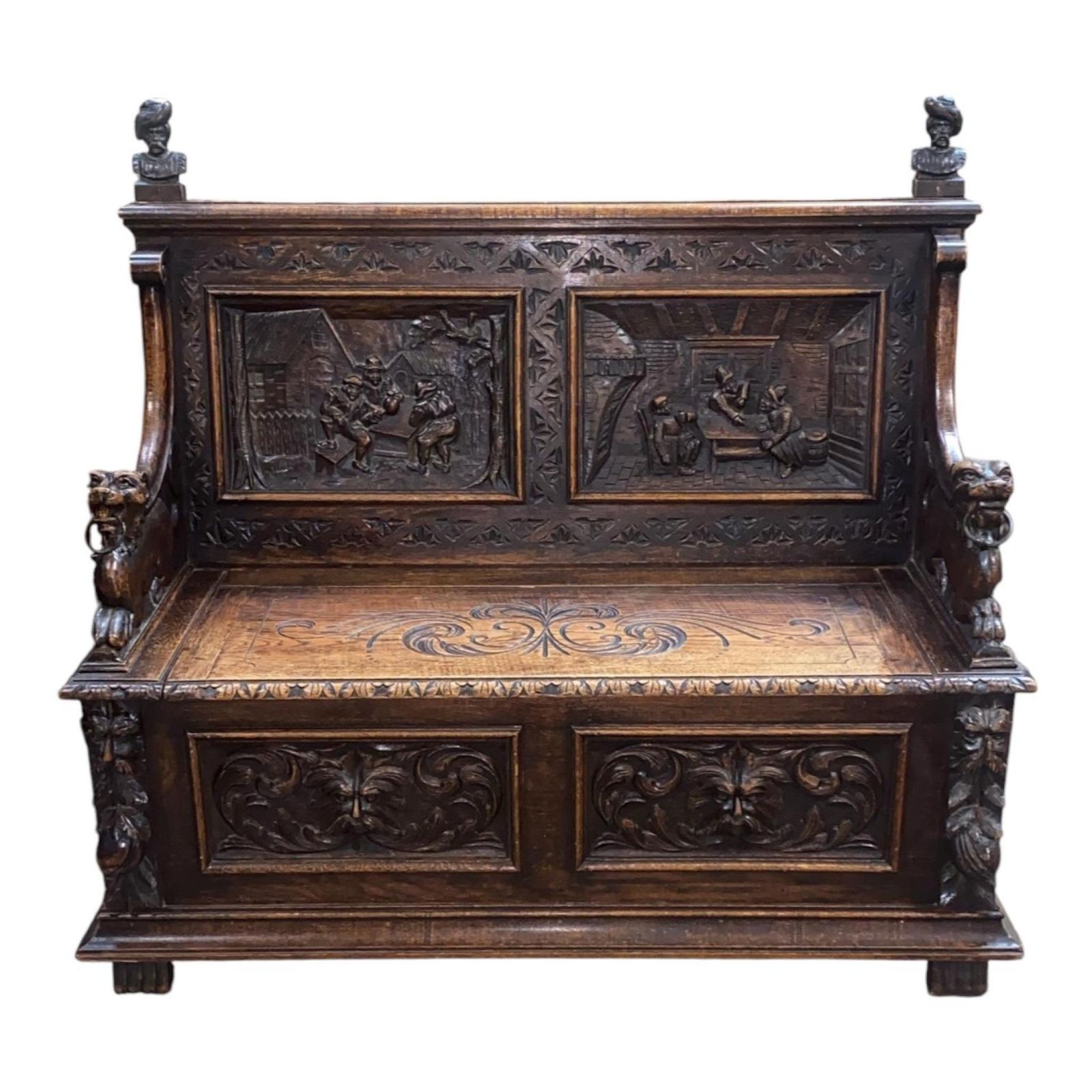 photo furniture French Carved Oak Settle Renaissance Revival Hall Monks Bench With Lion Masks C.1860