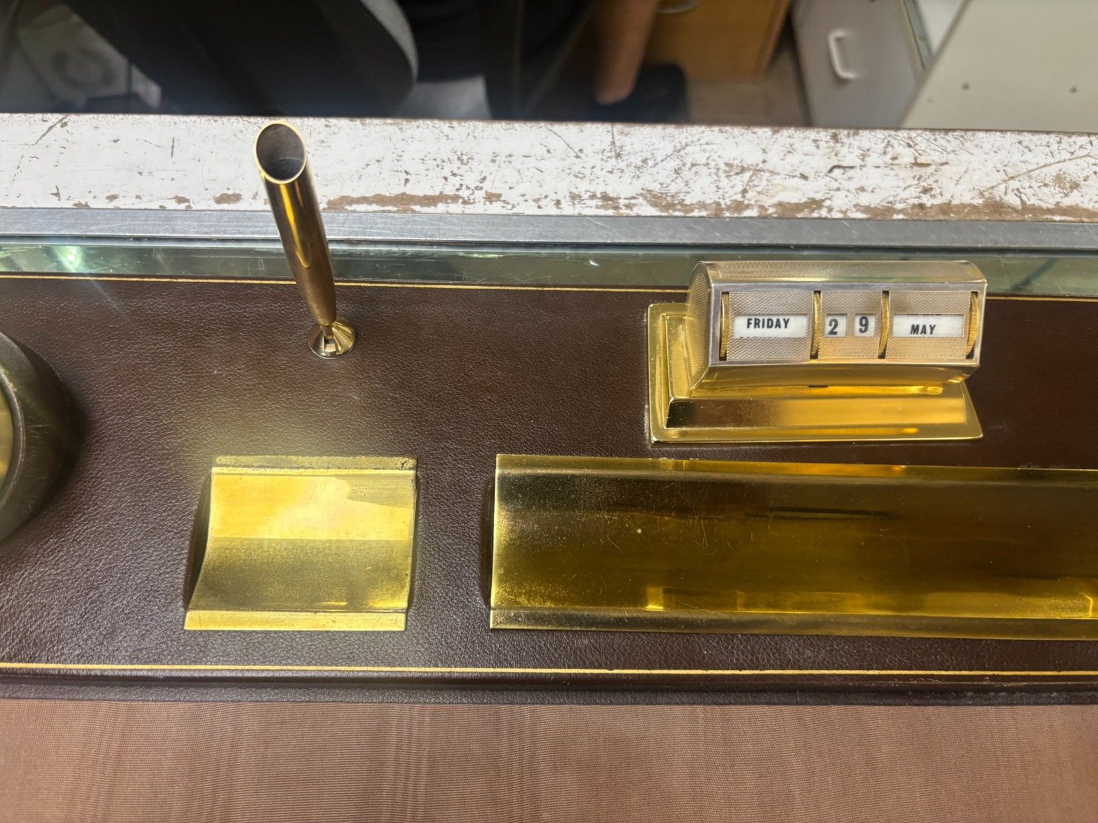 Mid Century Leather & Brass Executive Desk Organiser photo for sale