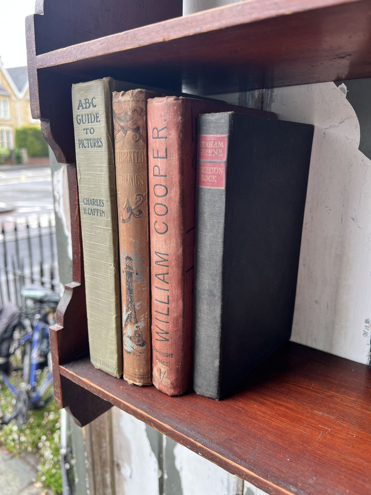photo for sale Small Victorian Pine Wall Shelves In Original Dark Red Stain