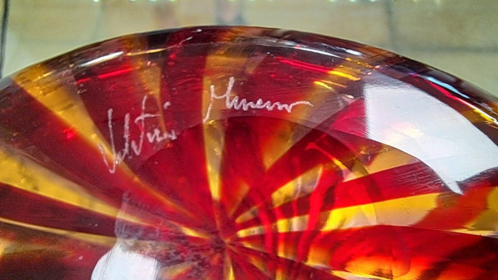 Home Decor Stunning Murano Glass Samantha Red/ Yellow Ribboned Glass Decanter With Coa photo