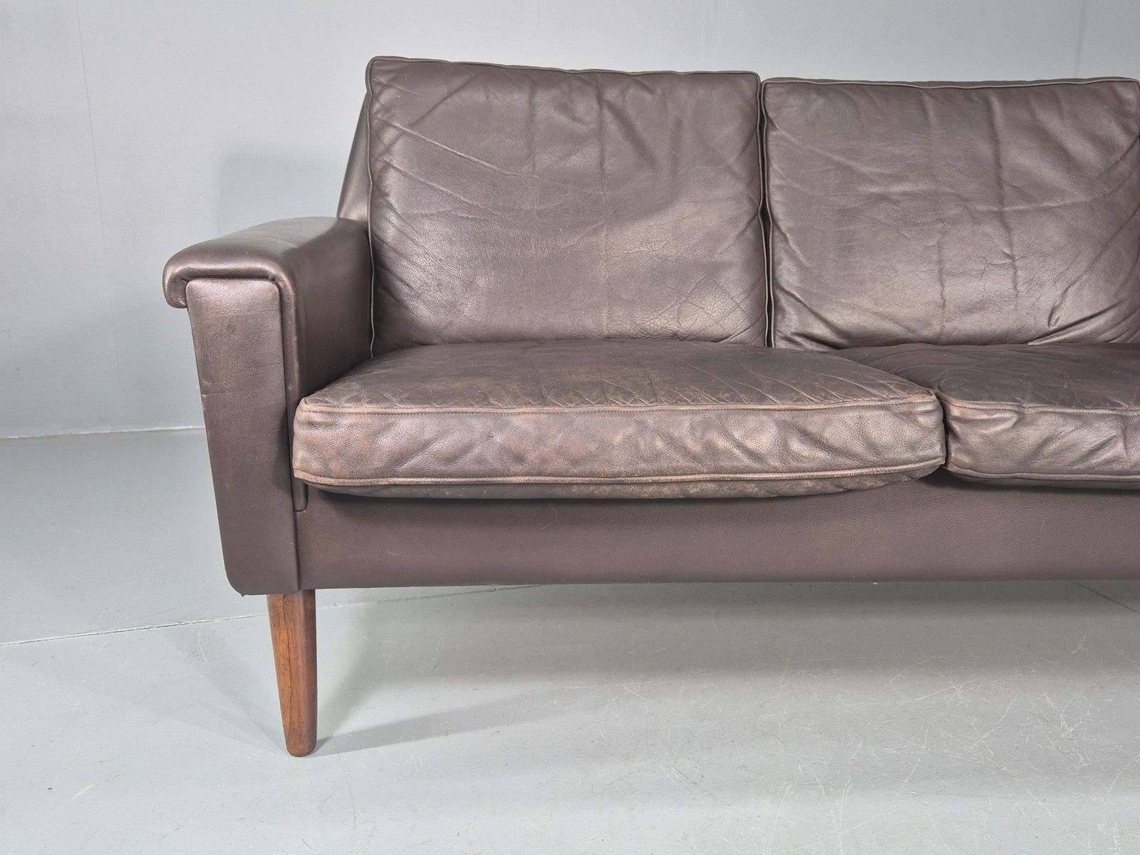 Vintage Mid Century 3 Seater Danish Brown Leather Sofa Retro 1960s Eb12261 photo furniture