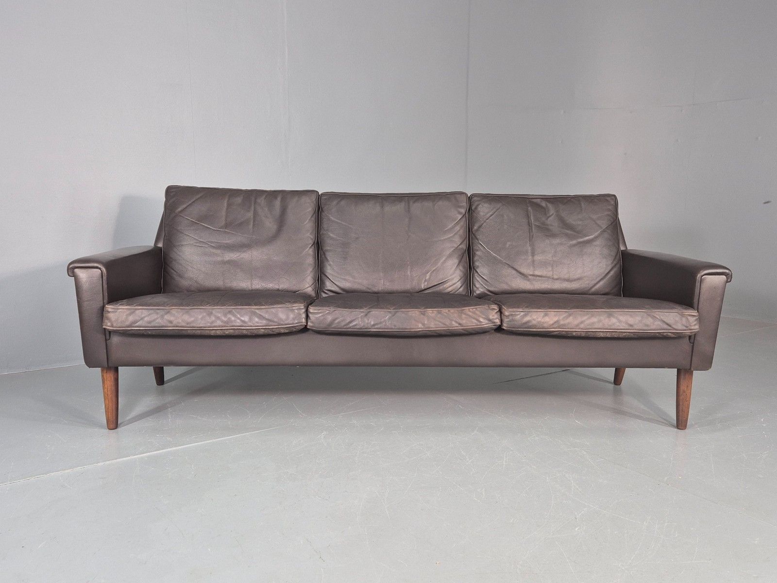 Vintage Mid Century 3 Seater Danish Brown Leather Sofa Retro 1960s Eb12261 photo 875.0