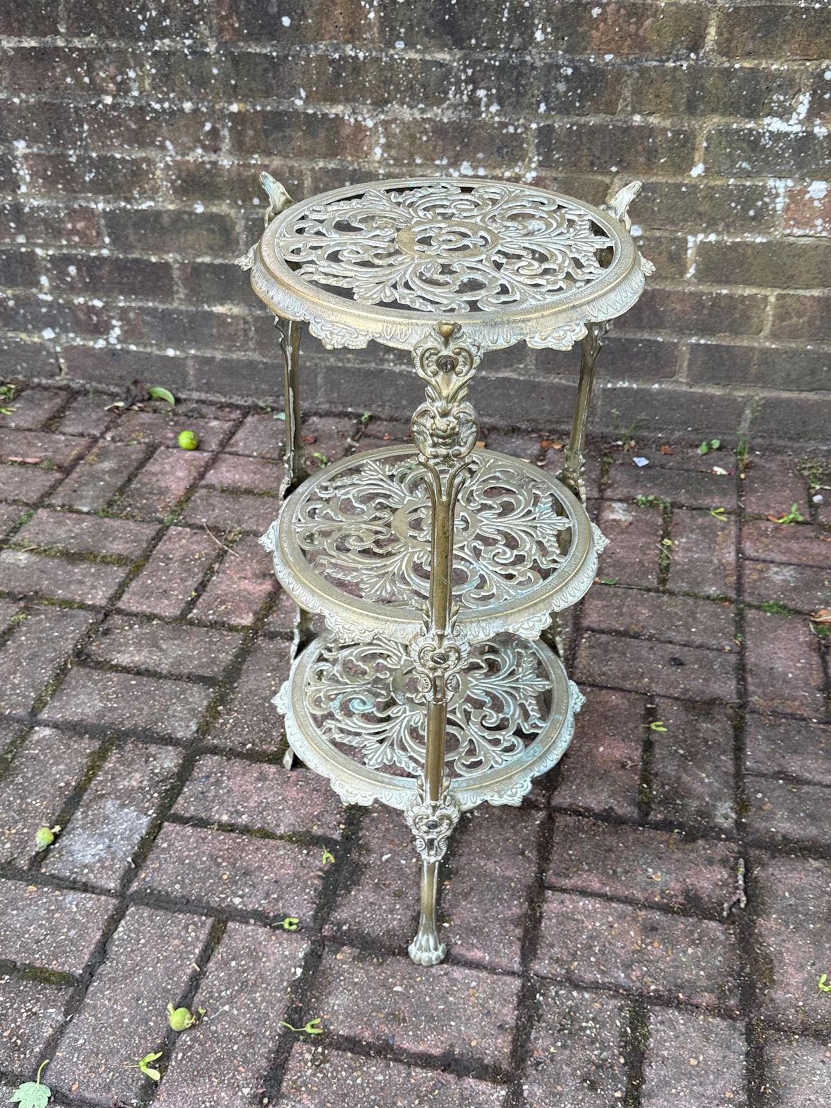 Authentic Victorian Ornate Brass Plant Stand Three Tier Display Stand photo furniture