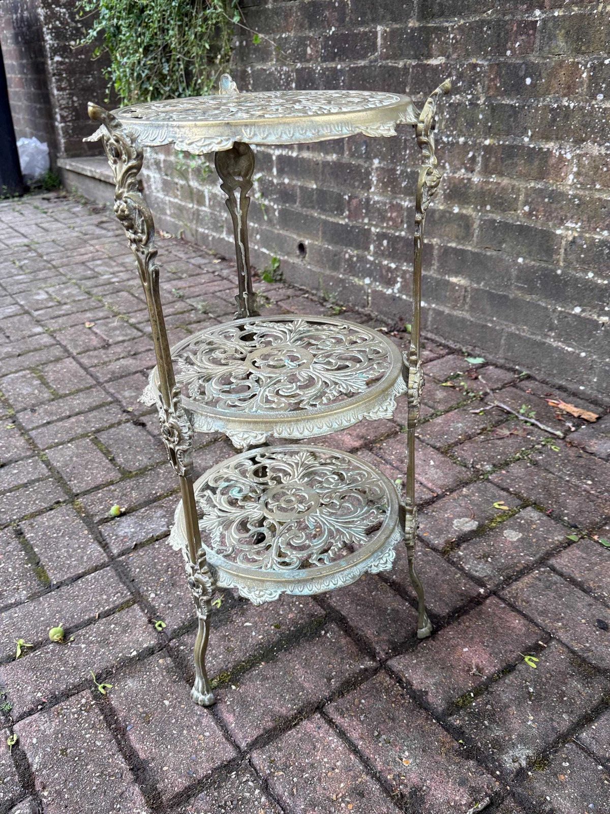 photo buy Authentic Victorian Ornate Brass Plant Stand Three Tier Display Stand