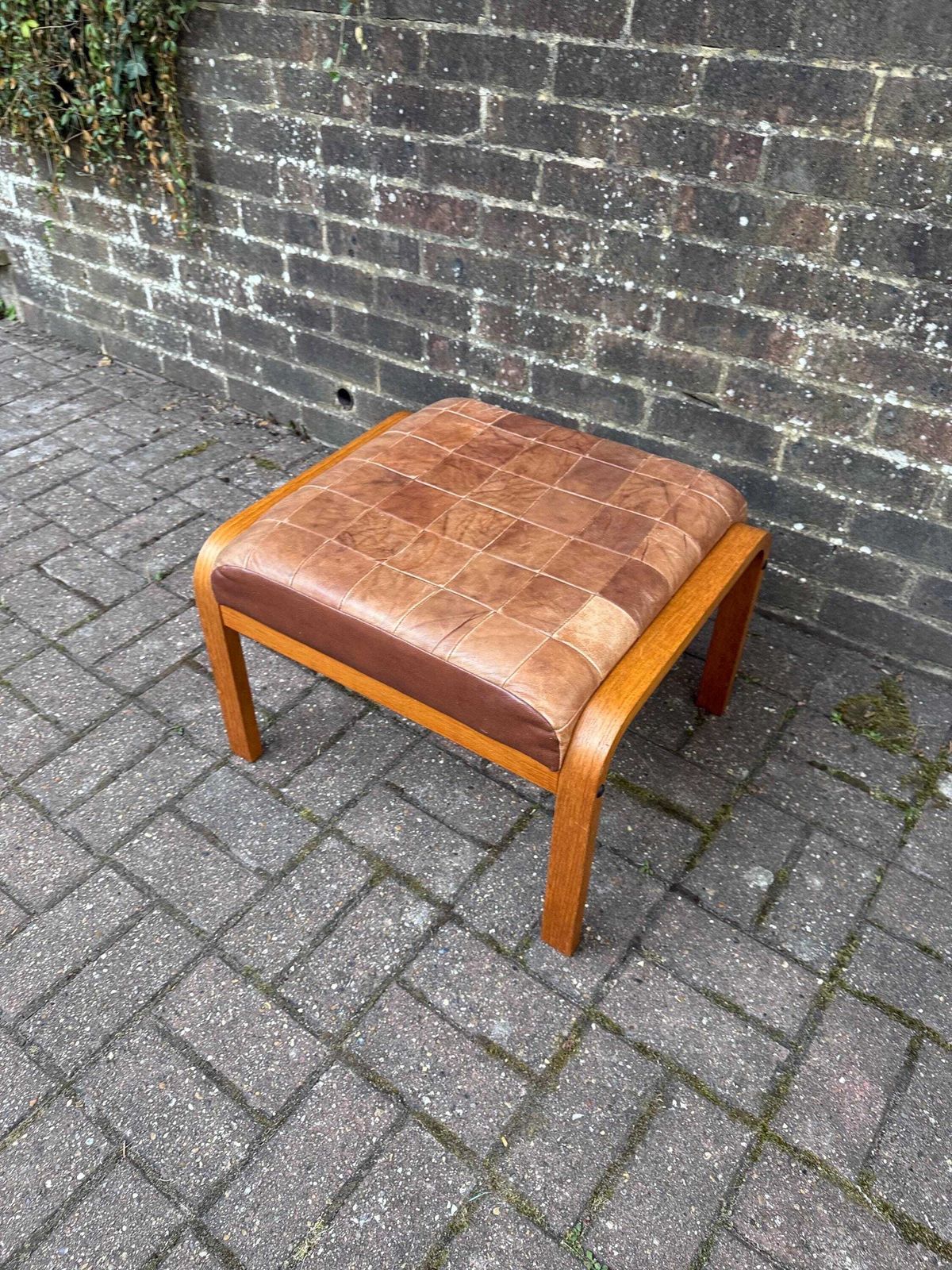 Vintage Danish Style Leather Footstool Mid Century Scandinavian Ottoman Retro Stool Mcm Foot Rest Bentwood Seat photo for sale