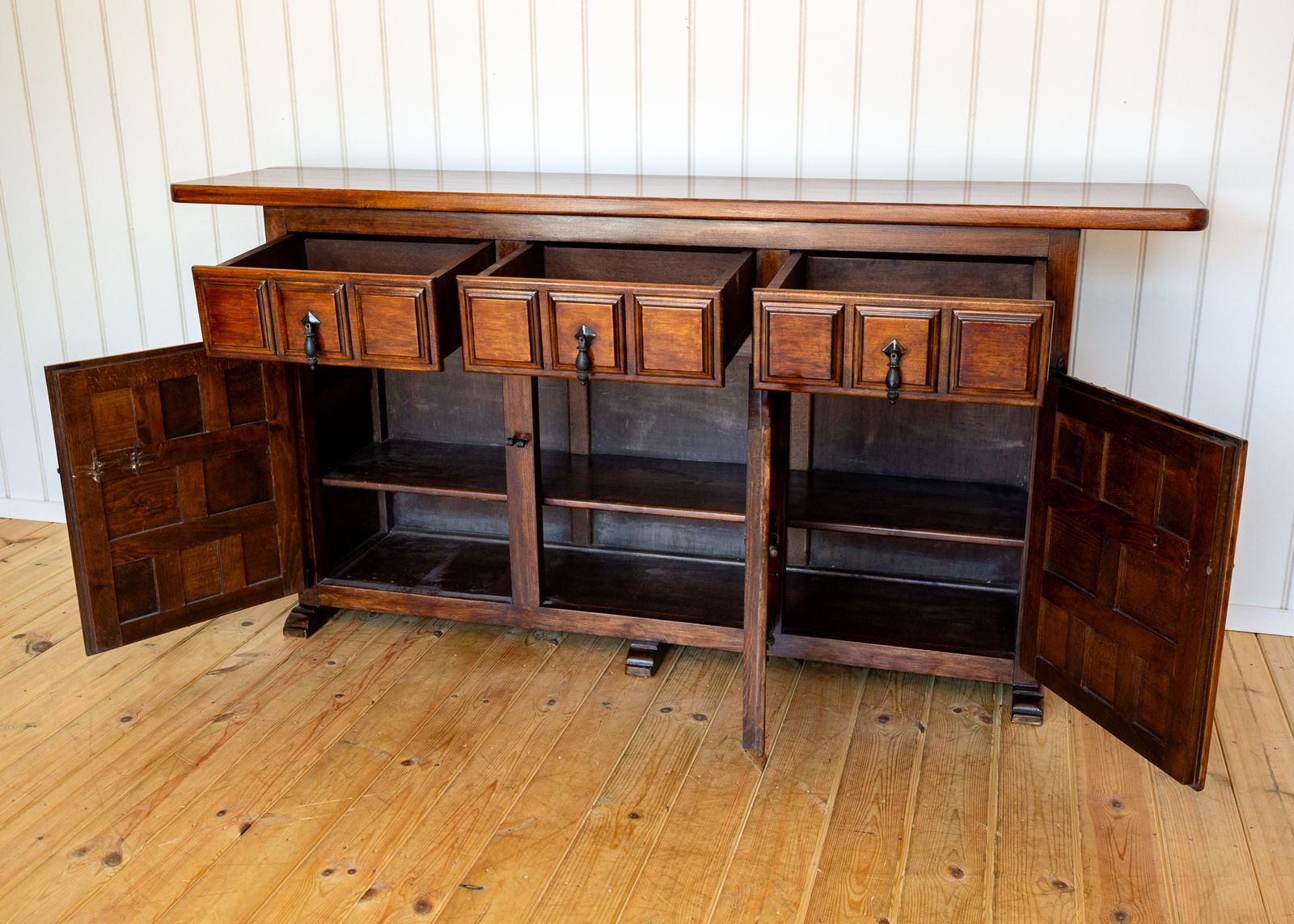 Spanish Sideboard Credenza Navarro Argudo Baroque Tuscan Mid Century Walnut Iron Brutalist Geometric Catalan photo for sale