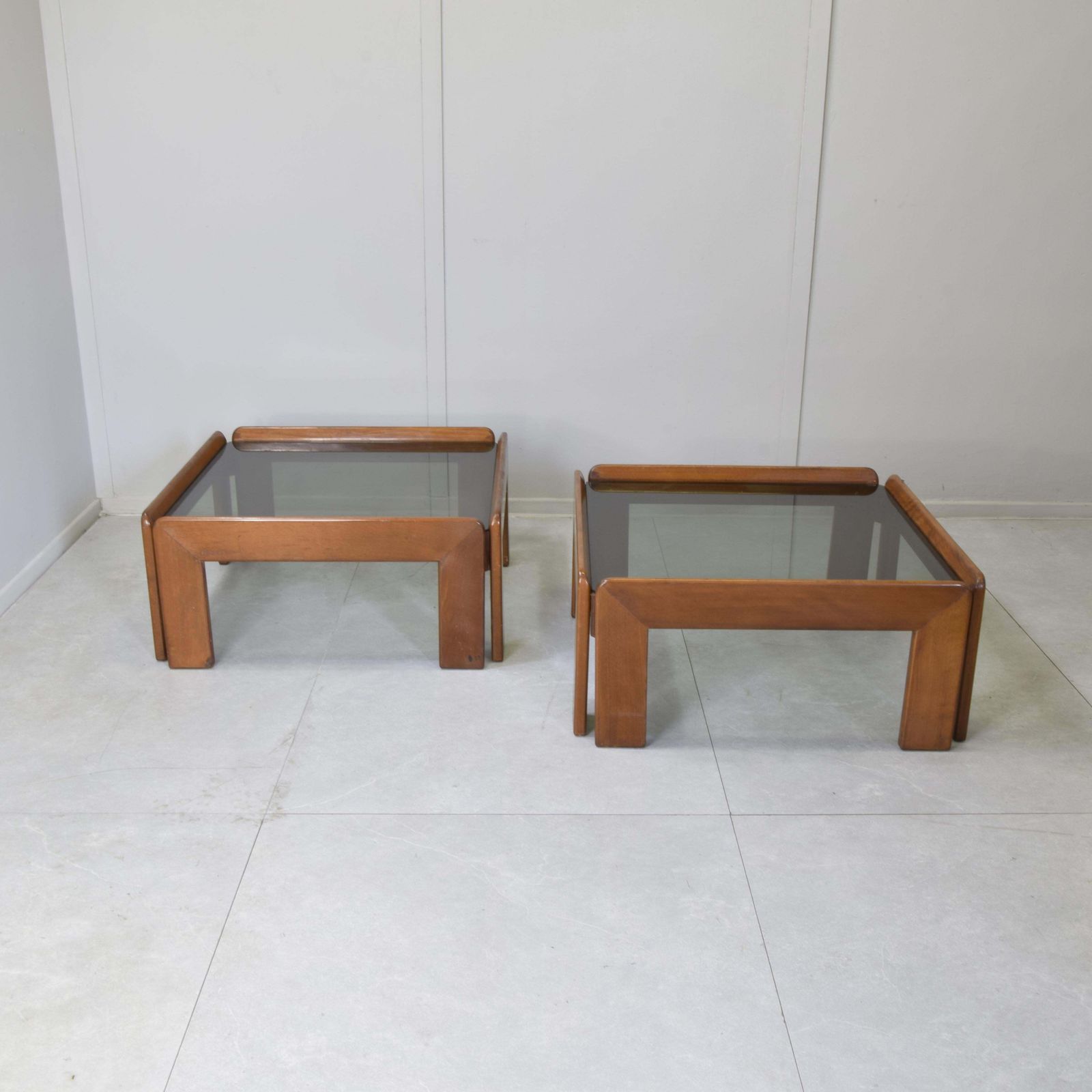 Afra & Tobia Scarpa For Cassina   Pair Of Walnut And Smoked Glass Coffee Tables photo Furniture