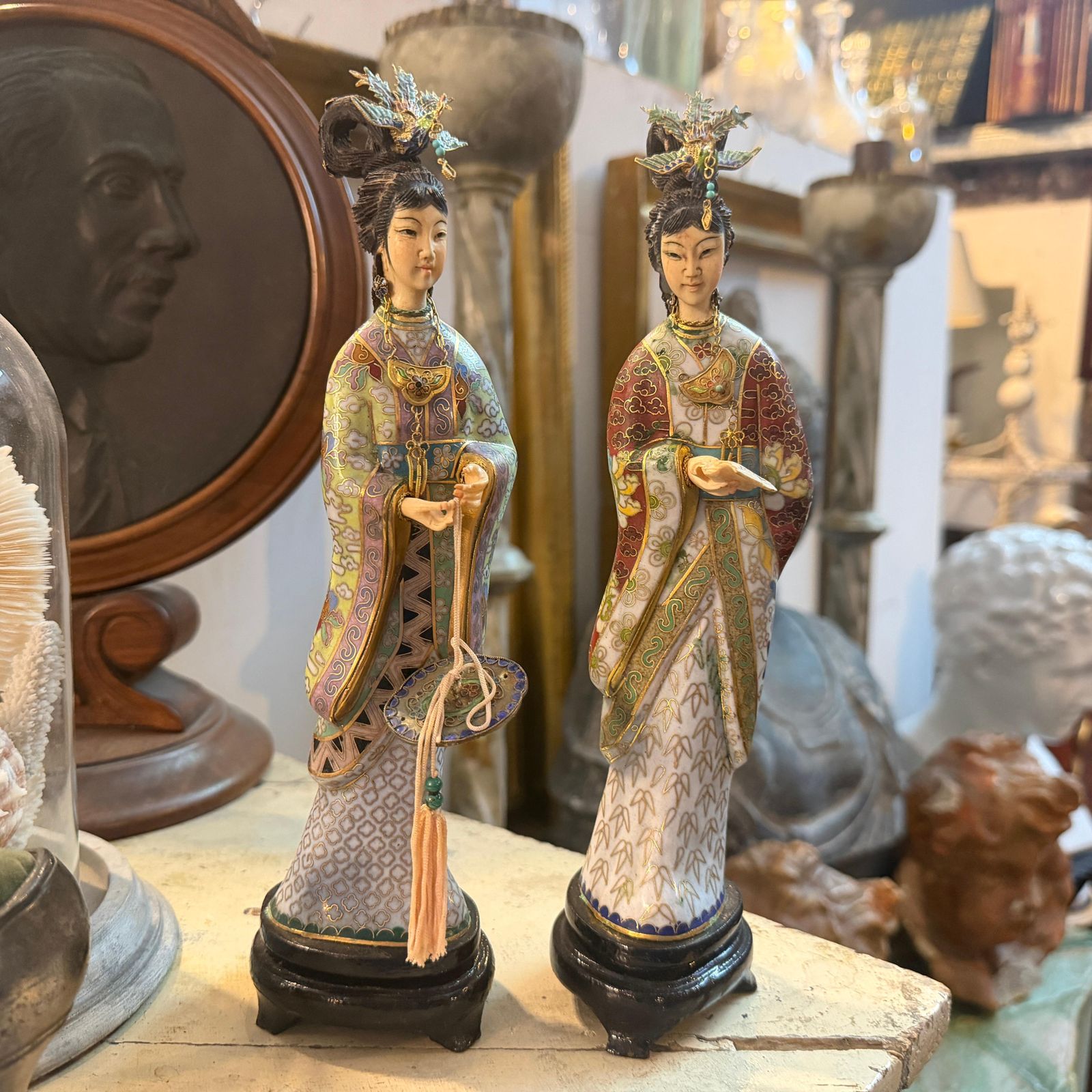 Two 1960s Chinese Export Cloisonnè Traditional Figures Of Woman photo furniture