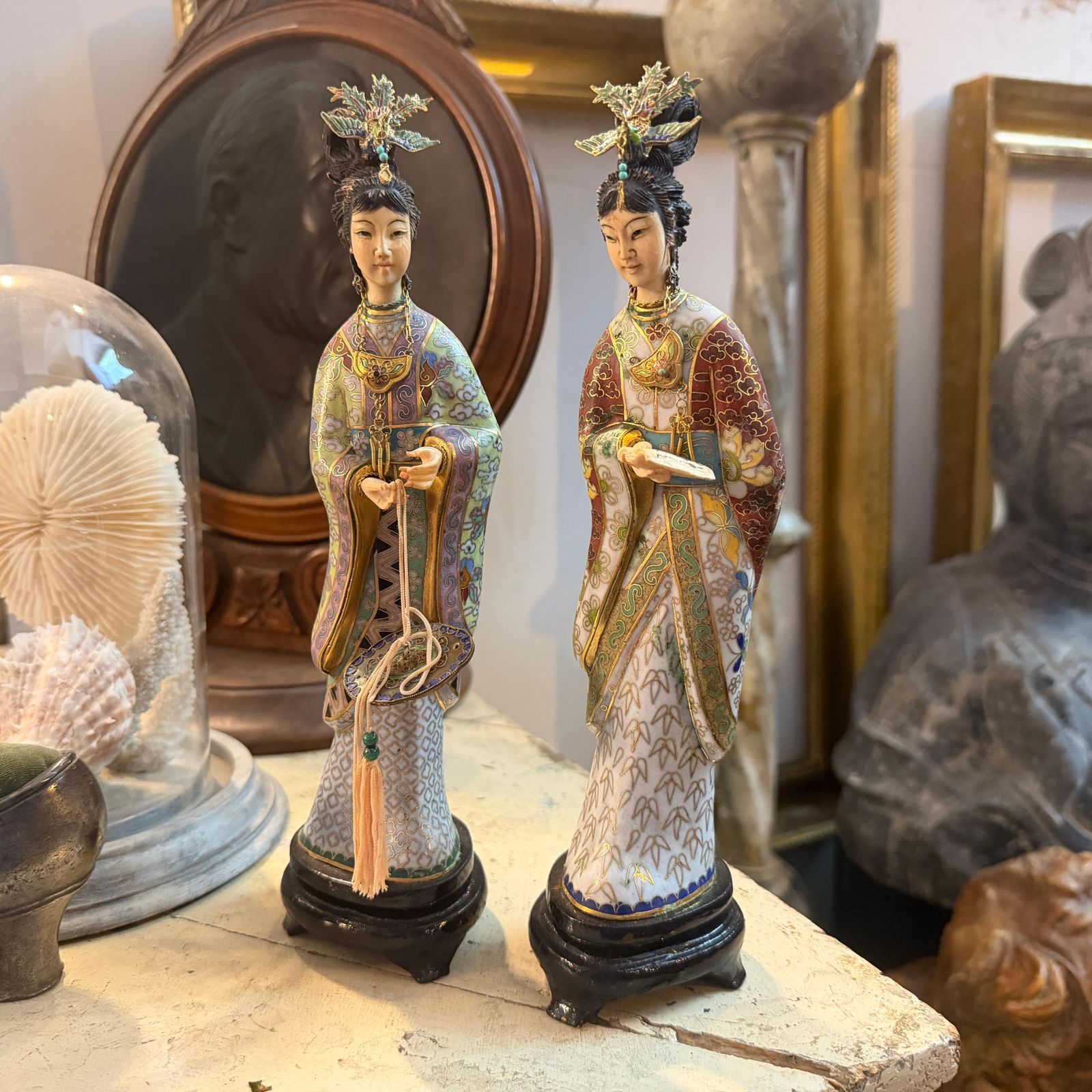 Two 1960s Chinese Export Cloisonnè Traditional Figures Of Woman photo vinterior