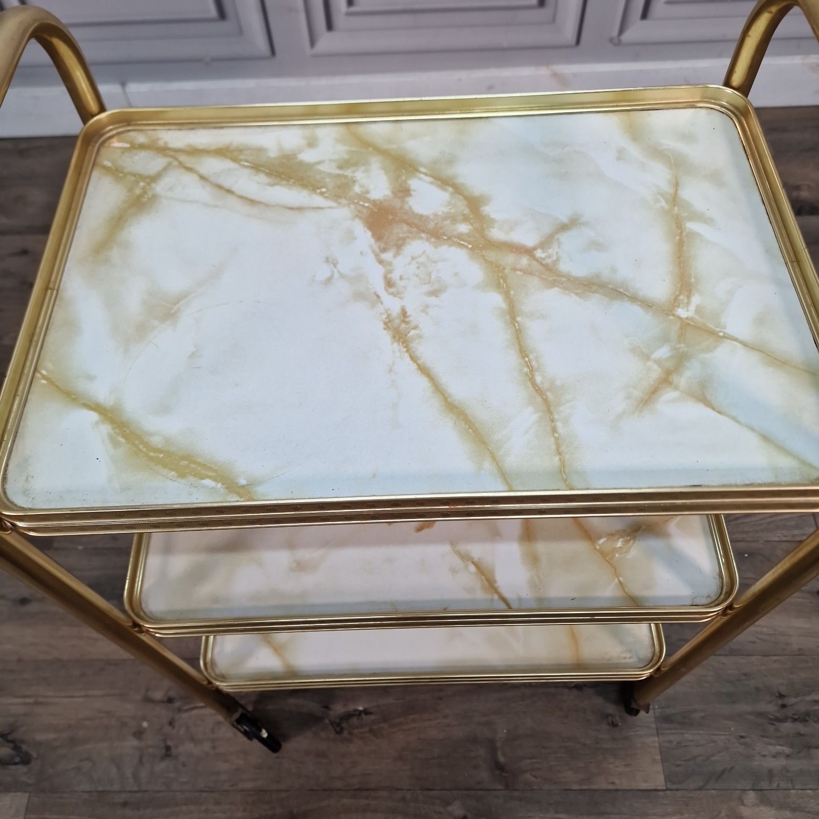 Vintage Drinks Tea Trolley Gold Metal Marble Effect Retro 3 Tier Serving Cart photo 90.0