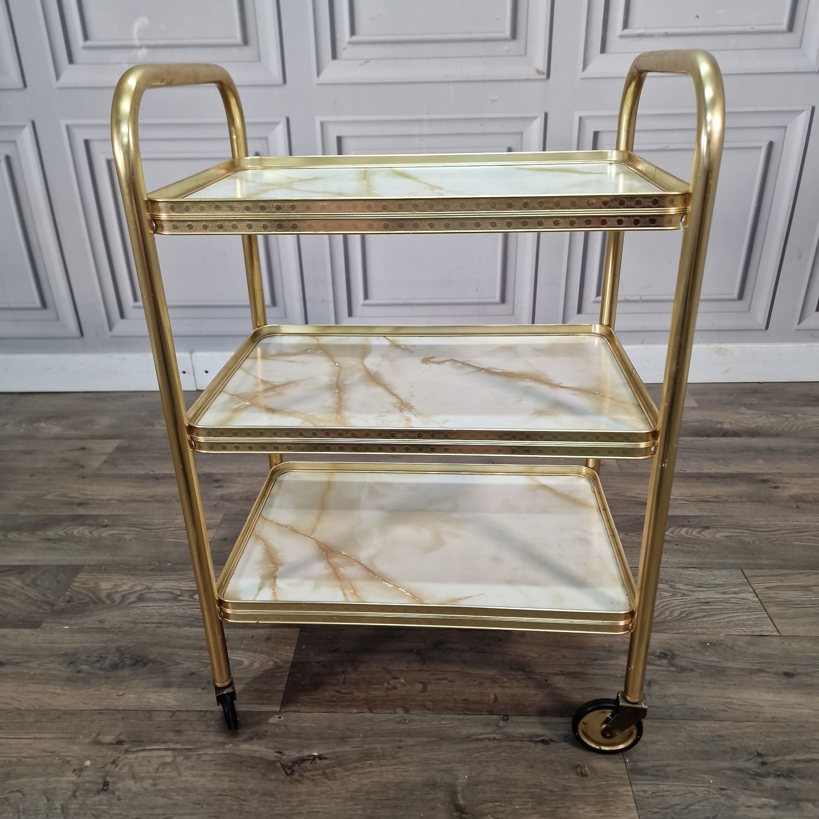 90.0 Vintage Drinks Tea Trolley Gold Metal Marble Effect Retro 3 Tier Serving Cart photo