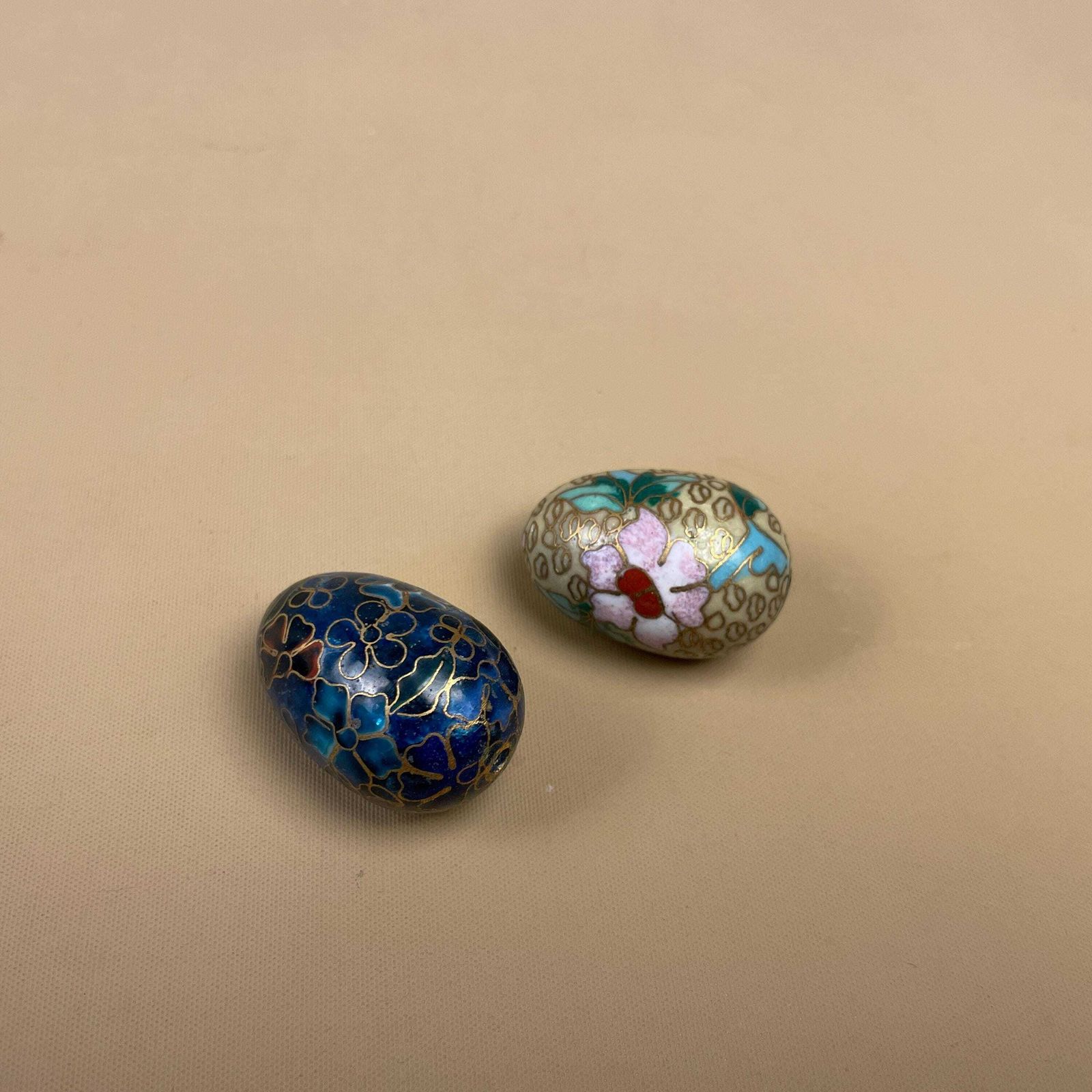 Cloisonne Decorative Eggs Pair Mini Hand Painted Floral Blue Gold Ornaments For Shelf Bowl Display photo 55.0