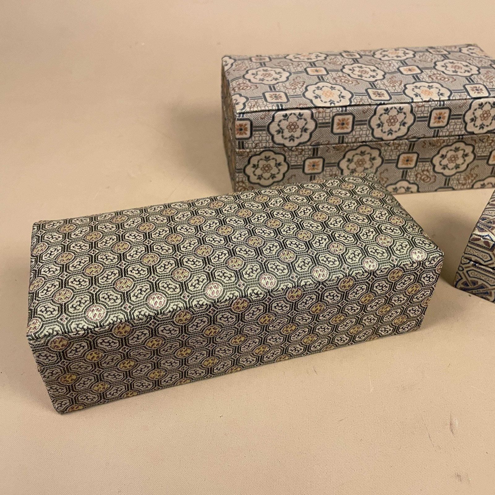 Oriental Fabric Storage Boxes Set Of 3 Rectangular Keepsake Boxes Blue Lined Asian Geometric Patterned Print Dressing Table Accent photo 59.0