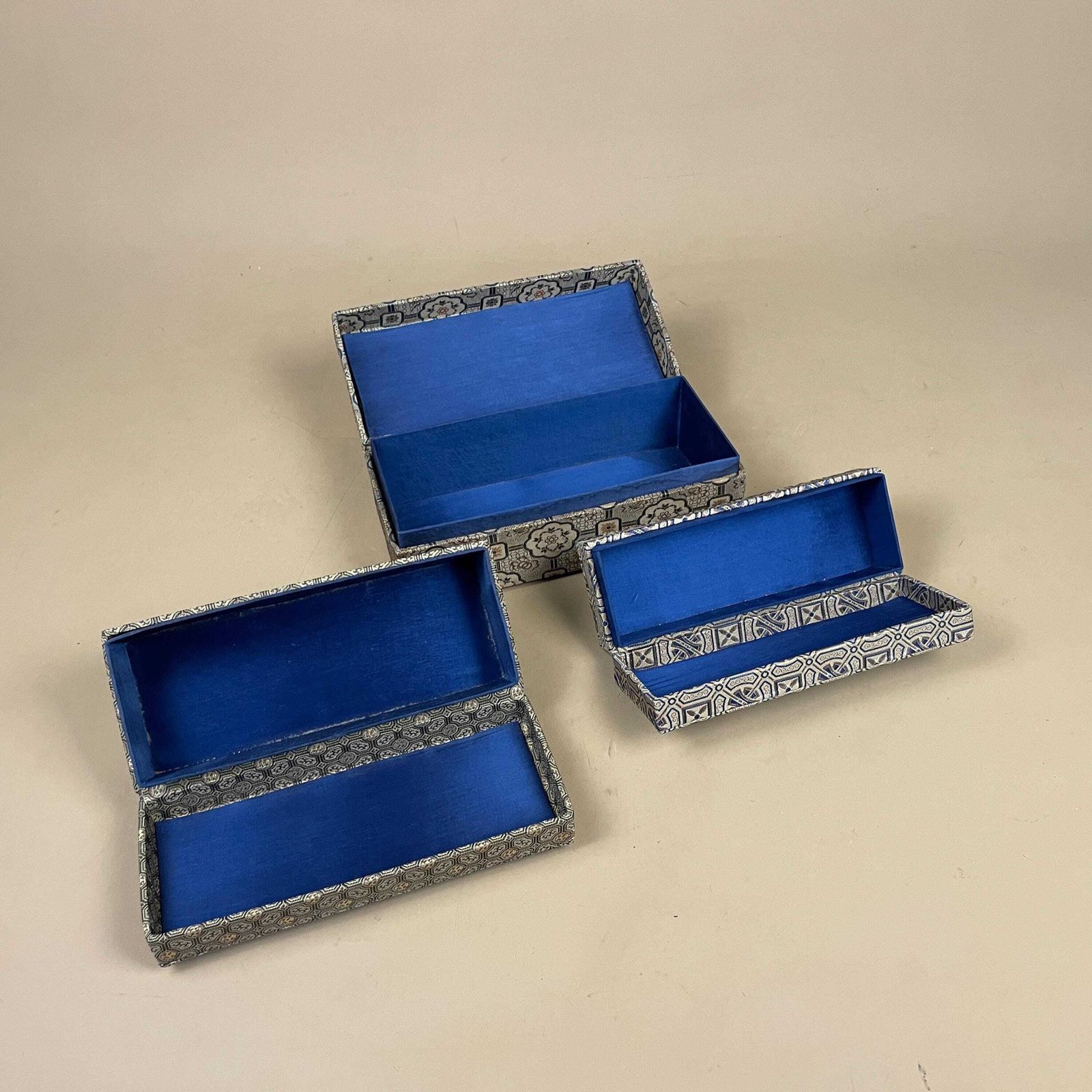 Home Decor Oriental Fabric Storage Boxes Set Of 3 Rectangular Keepsake Boxes Blue Lined Asian Geometric Patterned Print Dressing Table Accent photo