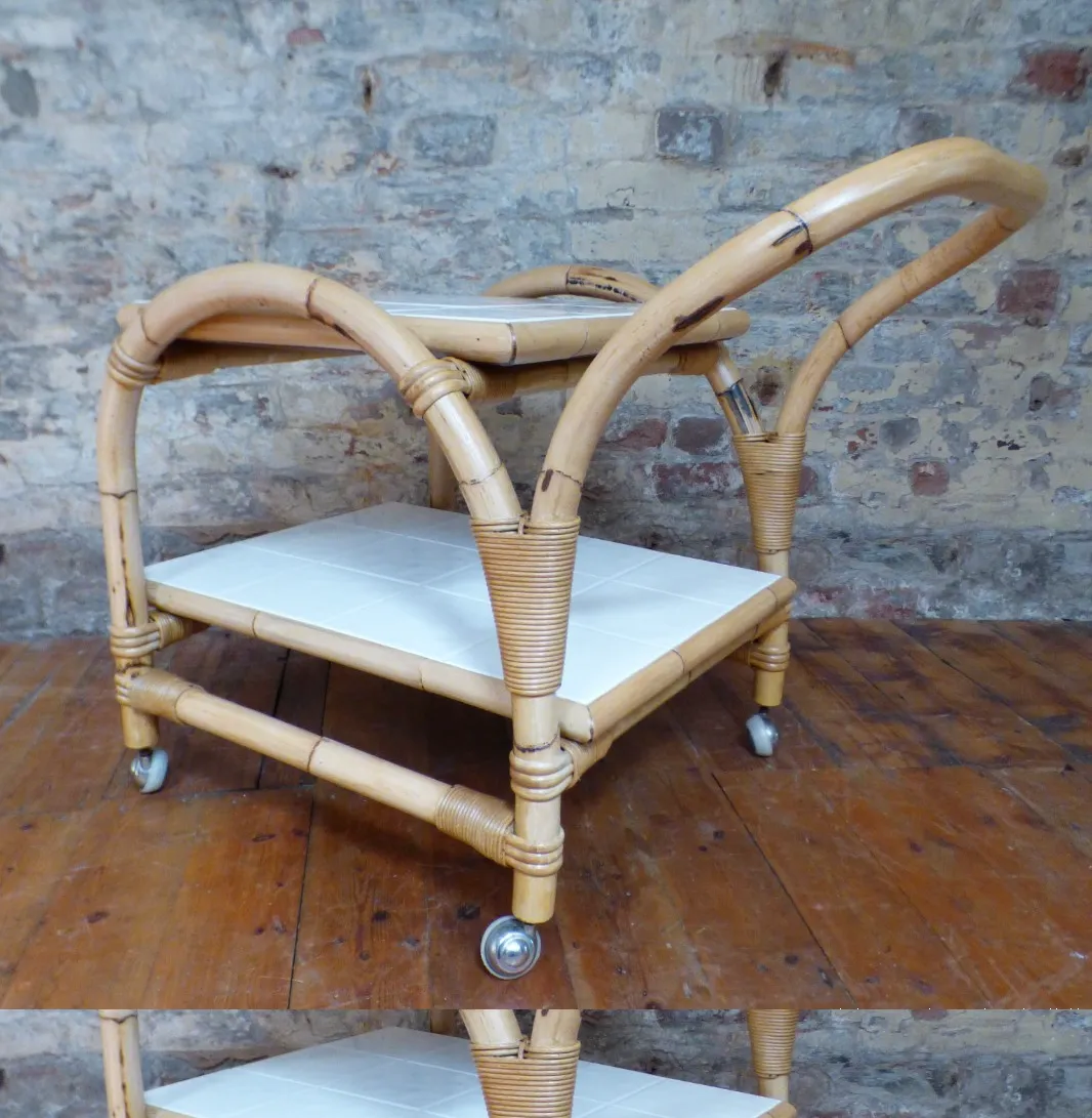 Mid Century Retro Boho Bamboo Tea / Cocktail / Side Table Trolley Uk  Delivery photo 287.0