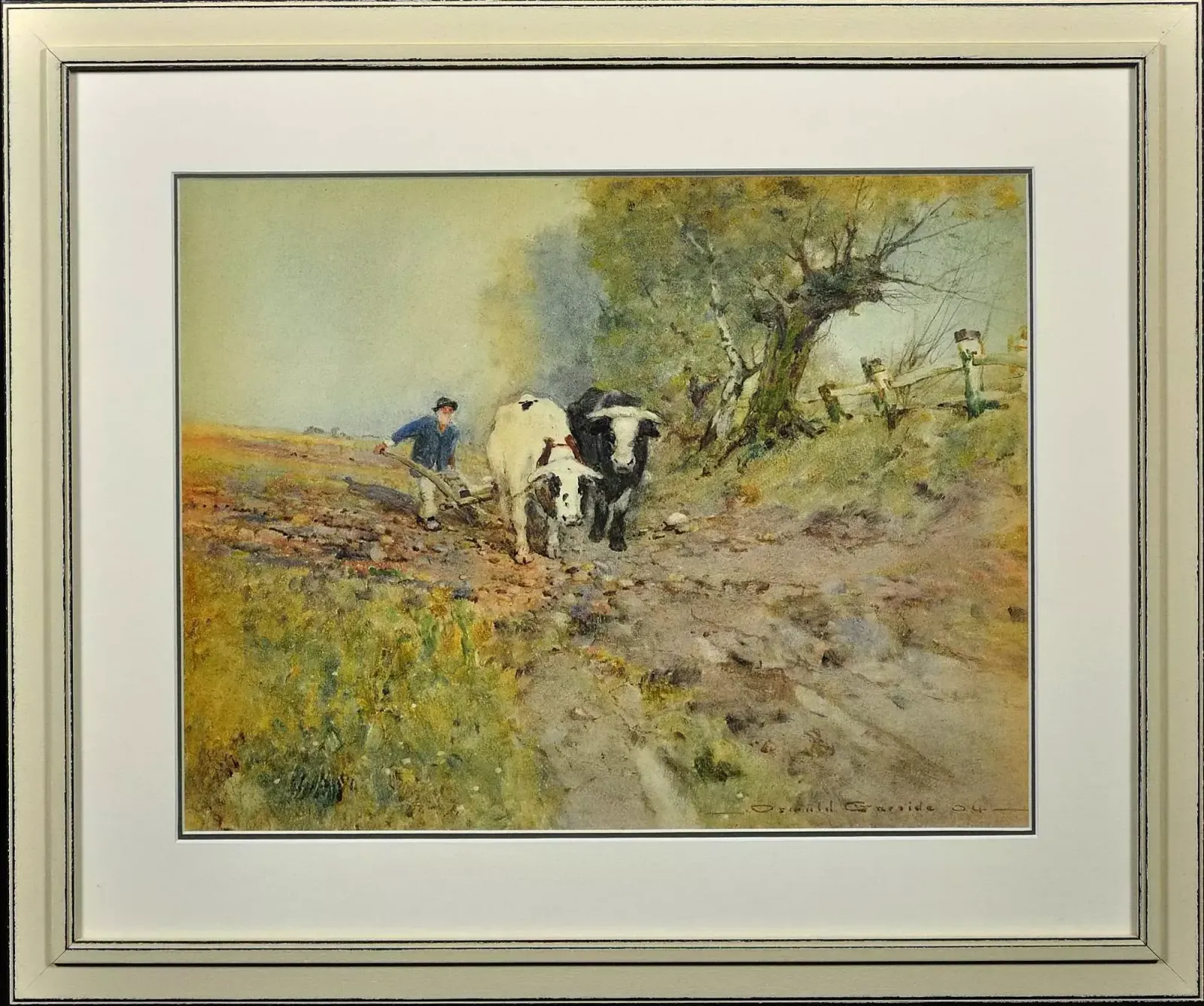 Oswald Garside, 1879-1942. Anglais. Bêtes de somme, labourage. Aquarelle encadrée, 1904. Liverpool & Manchester Academies Of Fine Arts