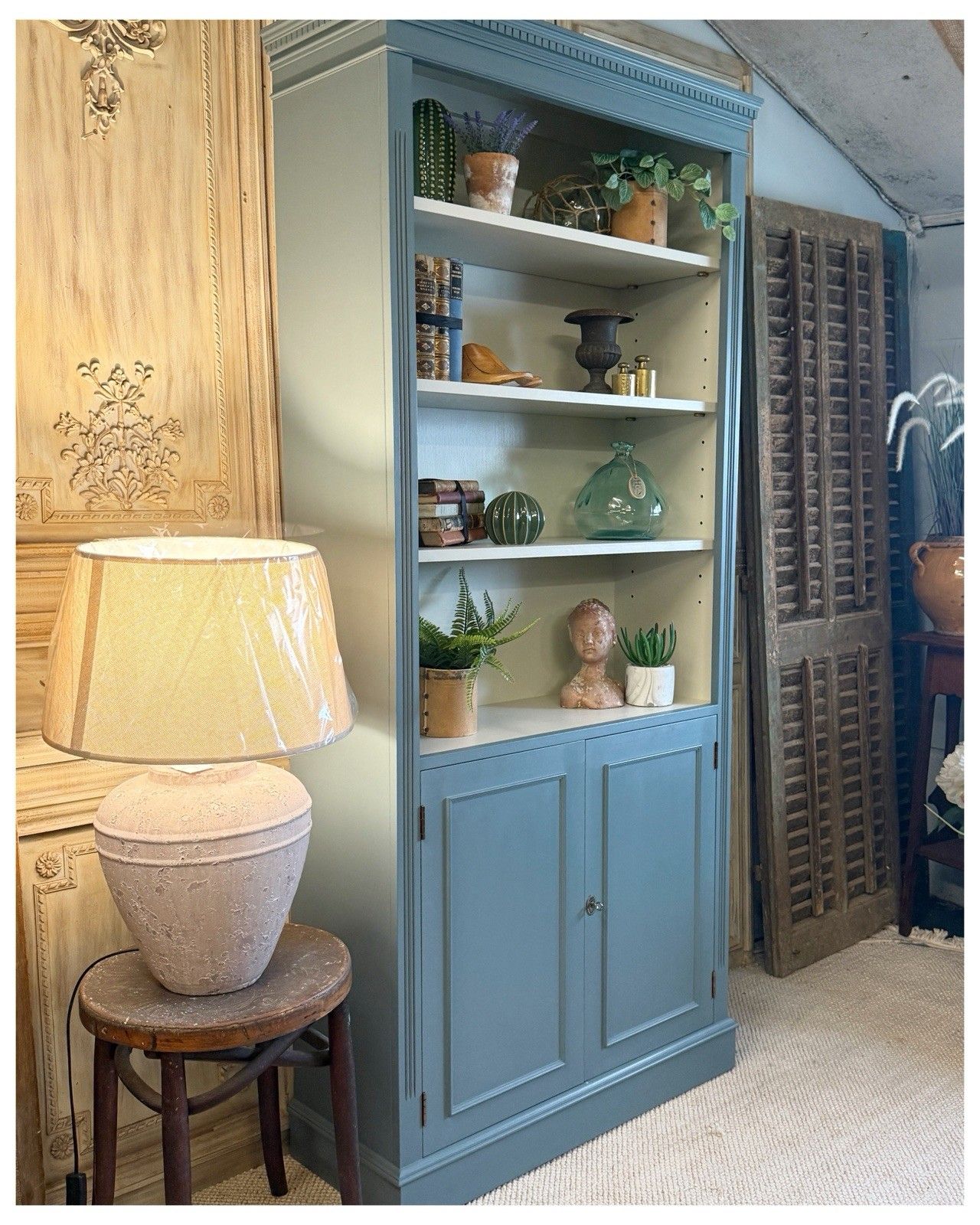 Tall Bookshelf /Bookcase With Cupboard In De Nimes By Farrow And Ball