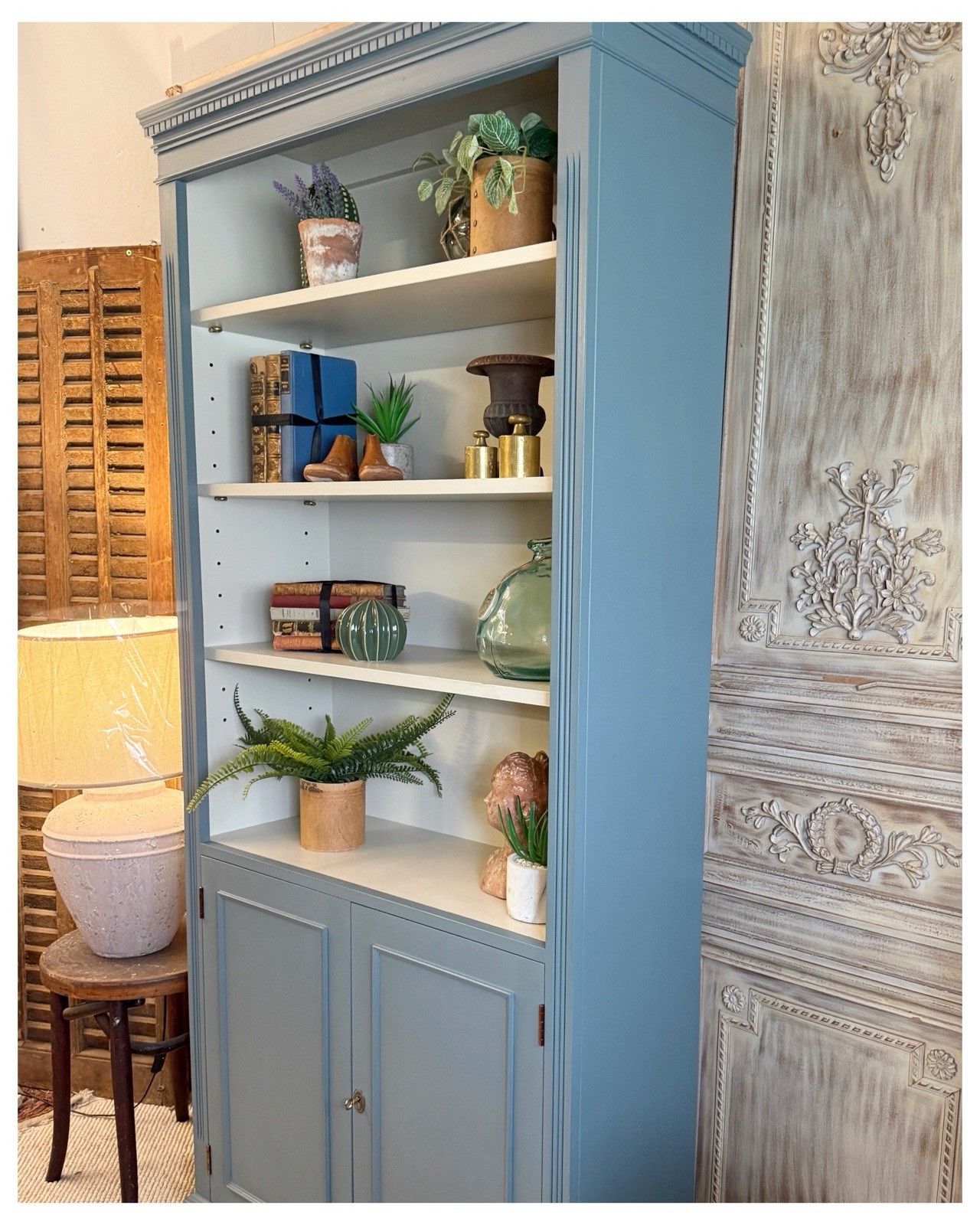 Tall Bookshelf /Bookcase With Cupboard In De Nimes By Farrow And Ball photo for sale