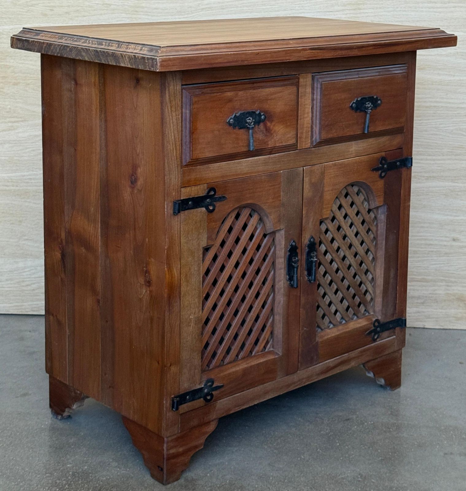 Pair Of Antique Rustic Solid Wood Bedside Tables With Wrought Iron Details photo vinterior