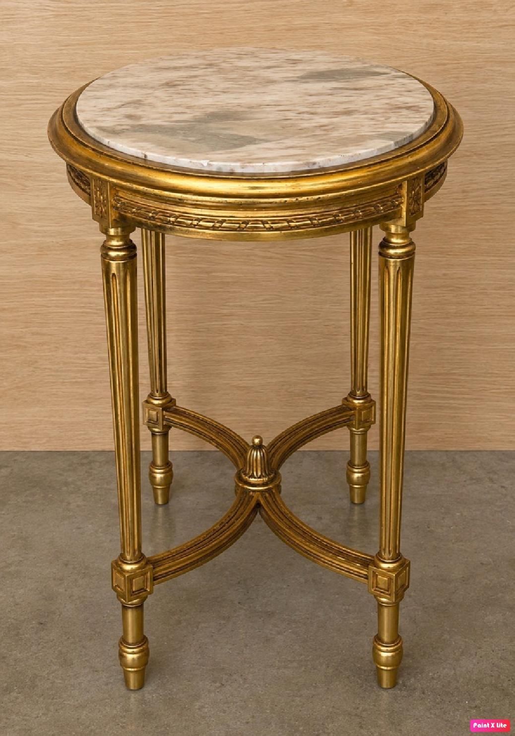 Console ovale d'époque de style Louis XVI dorée à quatre pieds photo Mobilier