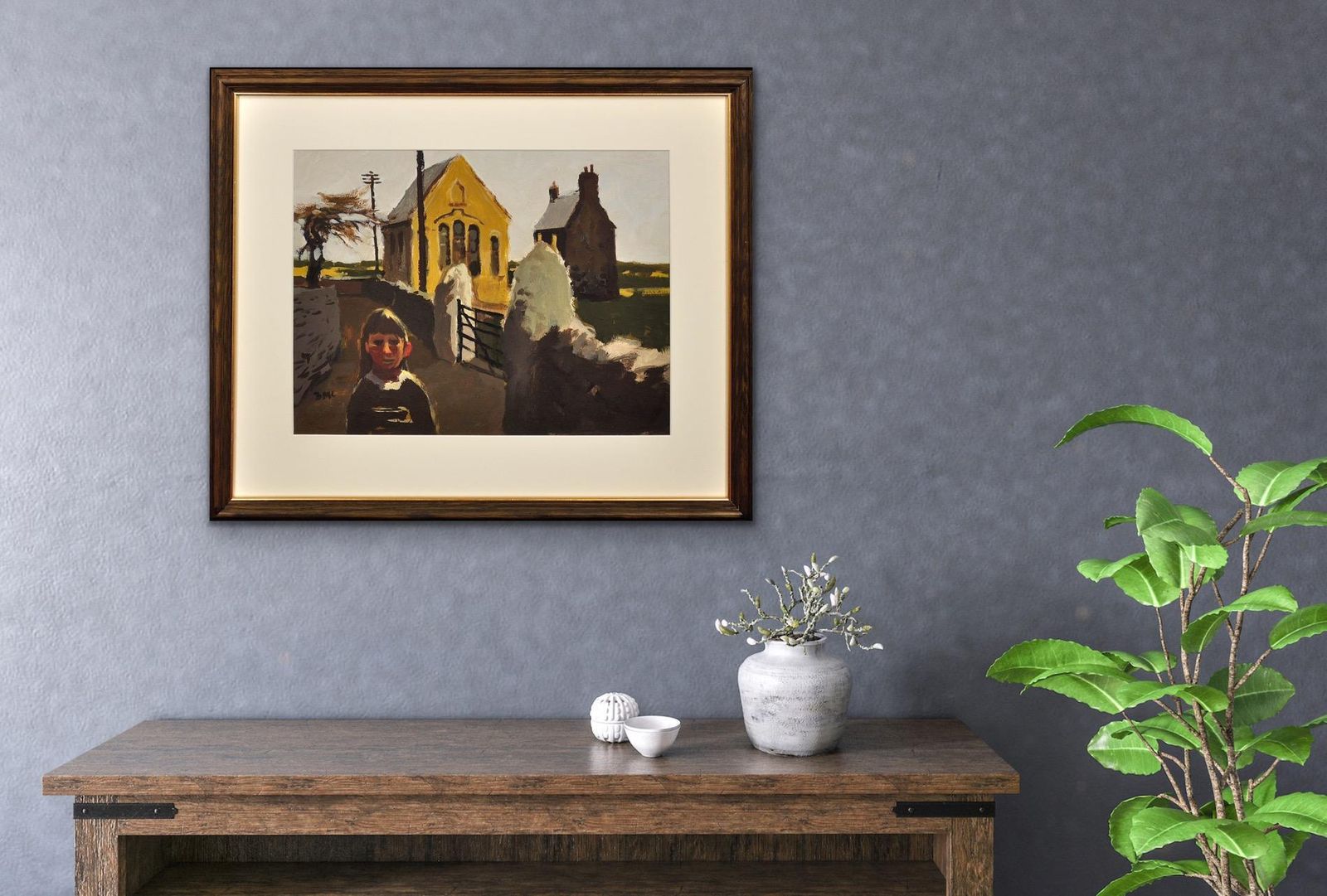 photo vintage Donald McIntyre 1923 tot 2009. Girl And Chapel, North Wales. Ingelijst coloristisch postimpressionistisch olieverfwerk.