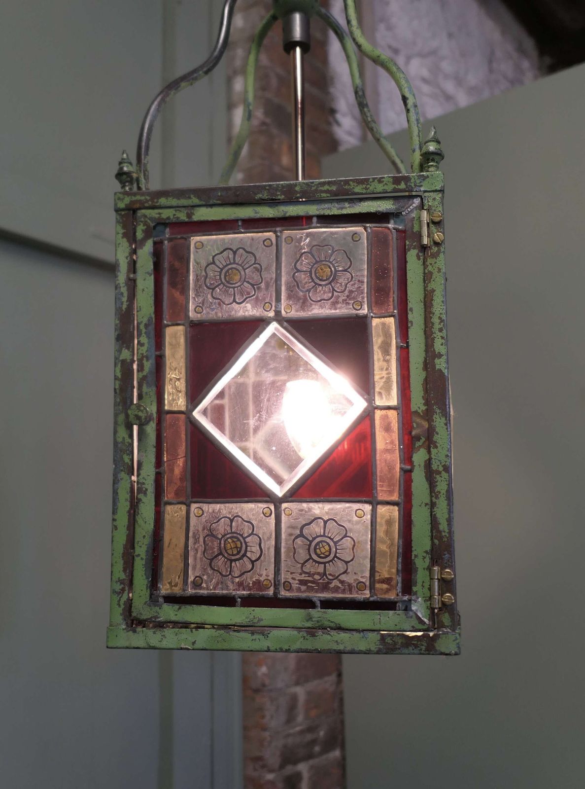 Long Arts And Crafts Stained Glass Hall Lantern This Lantern Is Of Classic Arts And Craft photo for sale