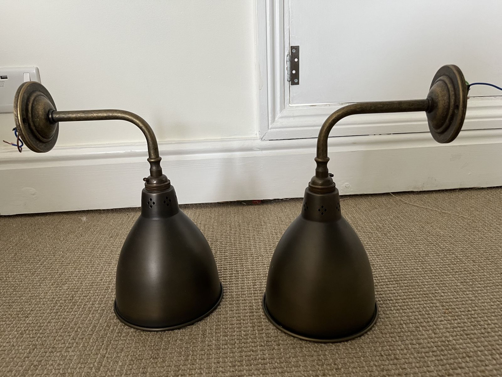 Pair Of Jim Lawrence Barbican Wall Lights In Antiqued Brass photo for sale