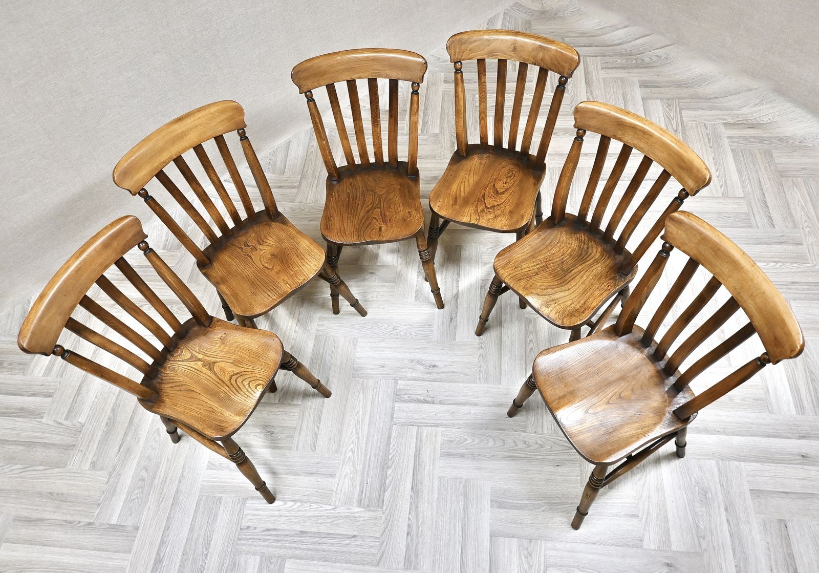 True Set Of 6 Antique Windsor Lathback Kitchen Dining Chairs photo for sale