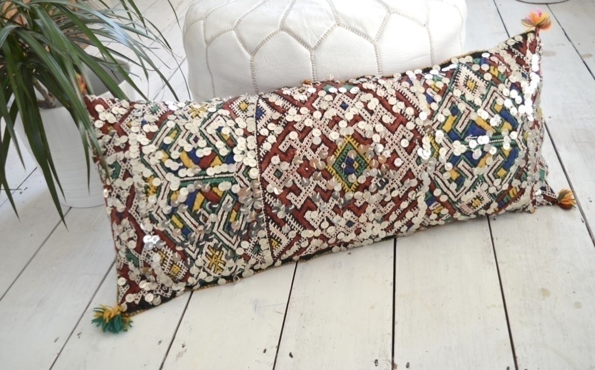 Vintage Moroccan Berber Xl Amazigh Tribal Motifs, Wool & Silk Rich Multicolour Tones Hand Sewn Sequins Stuffed Cushion photo for sale