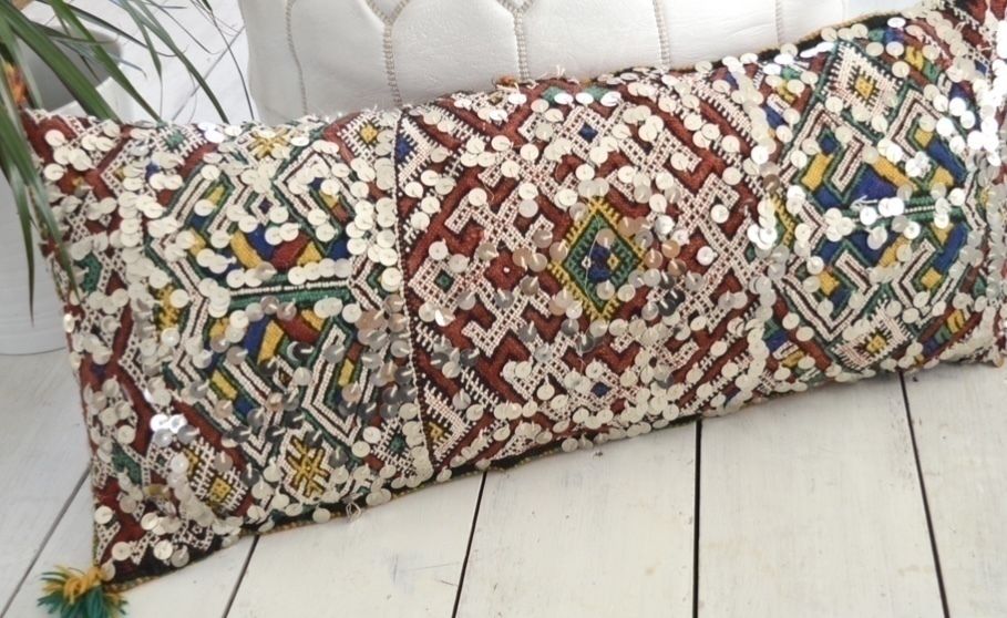 Vintage Moroccan Berber Xl Amazigh Tribal Motifs, Wool & Silk Rich Multicolour Tones Hand Sewn Sequins Stuffed Cushion photo Textiles