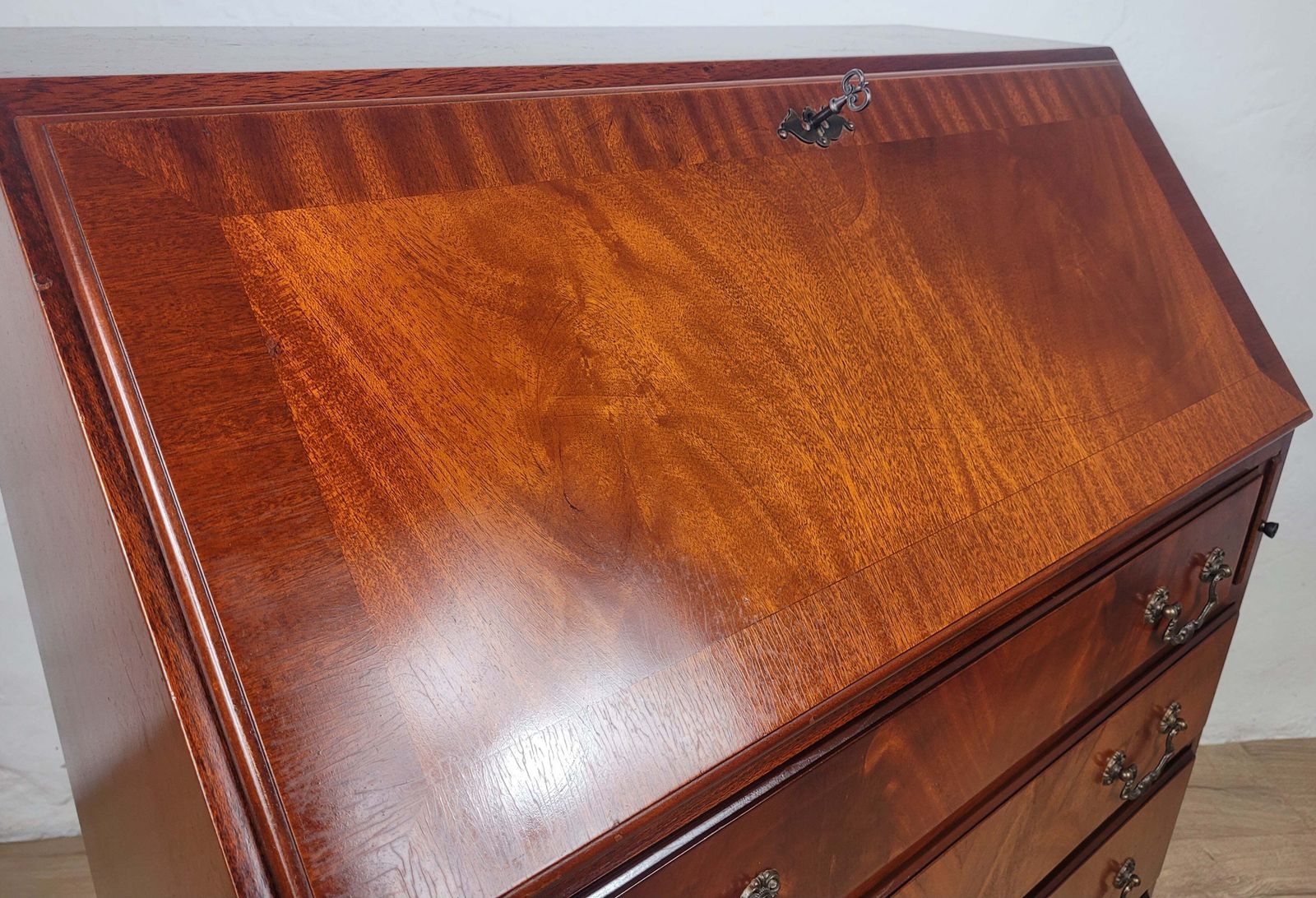 Vintage Writing Bureau Desk Lock & Key Mid Century Mahogany photo vinterior