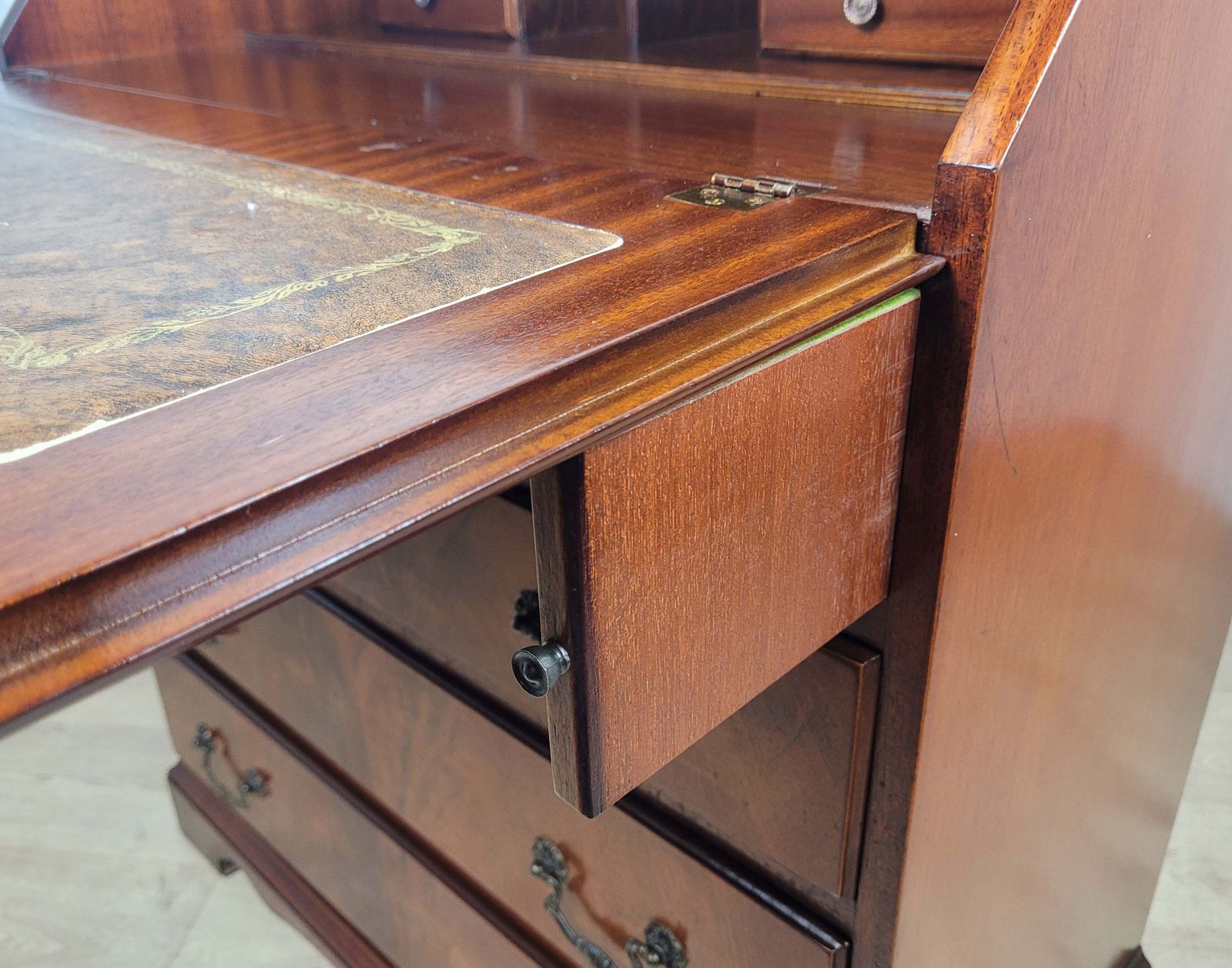740.0 Vintage Writing Bureau Desk Lock & Key Mid Century Mahogany photo