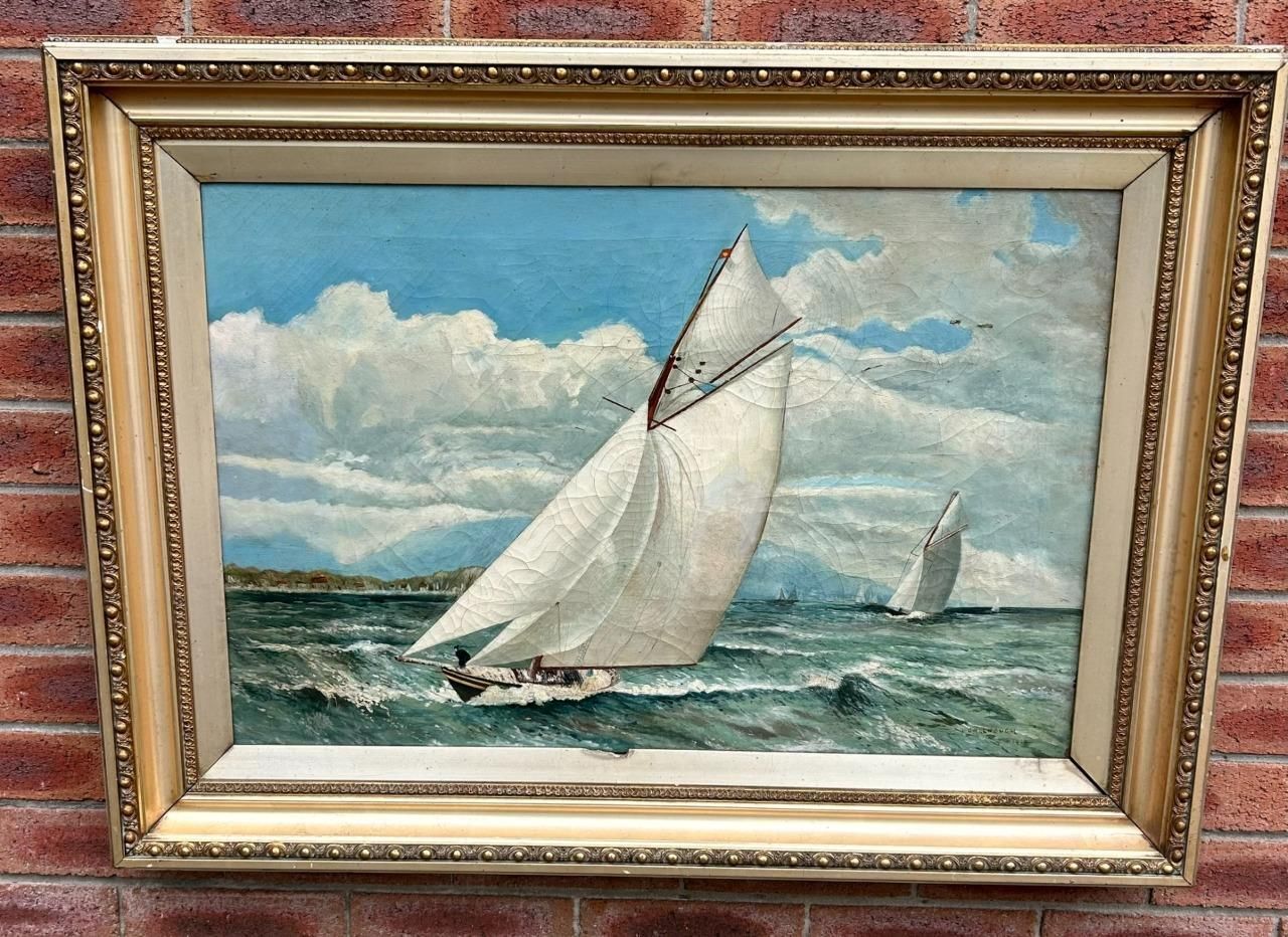 John Greenough American 19th Century Sailing Ship Boats Oil On Canvas Painting photo furniture