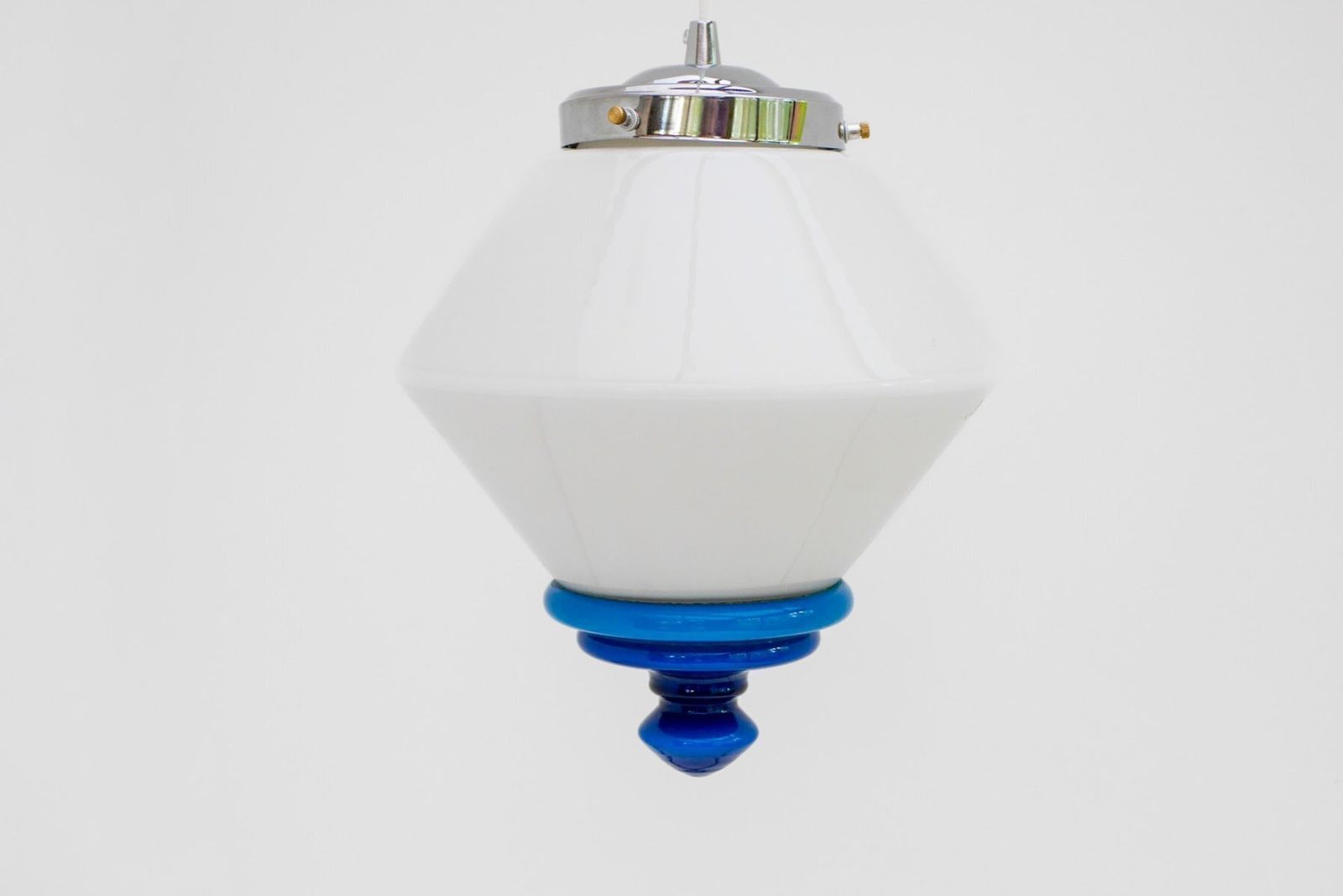 Scandinavian Art Deco Milk Glass Pendant Light With Azure Blue Details, 1930s photo furniture