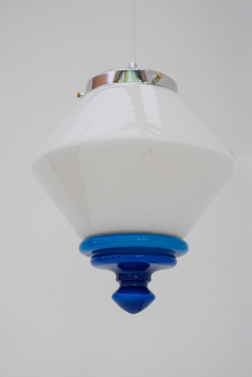 Scandinavian Art Deco Milk Glass Pendant Light With Azure Blue Details, 1930s photo vinterior